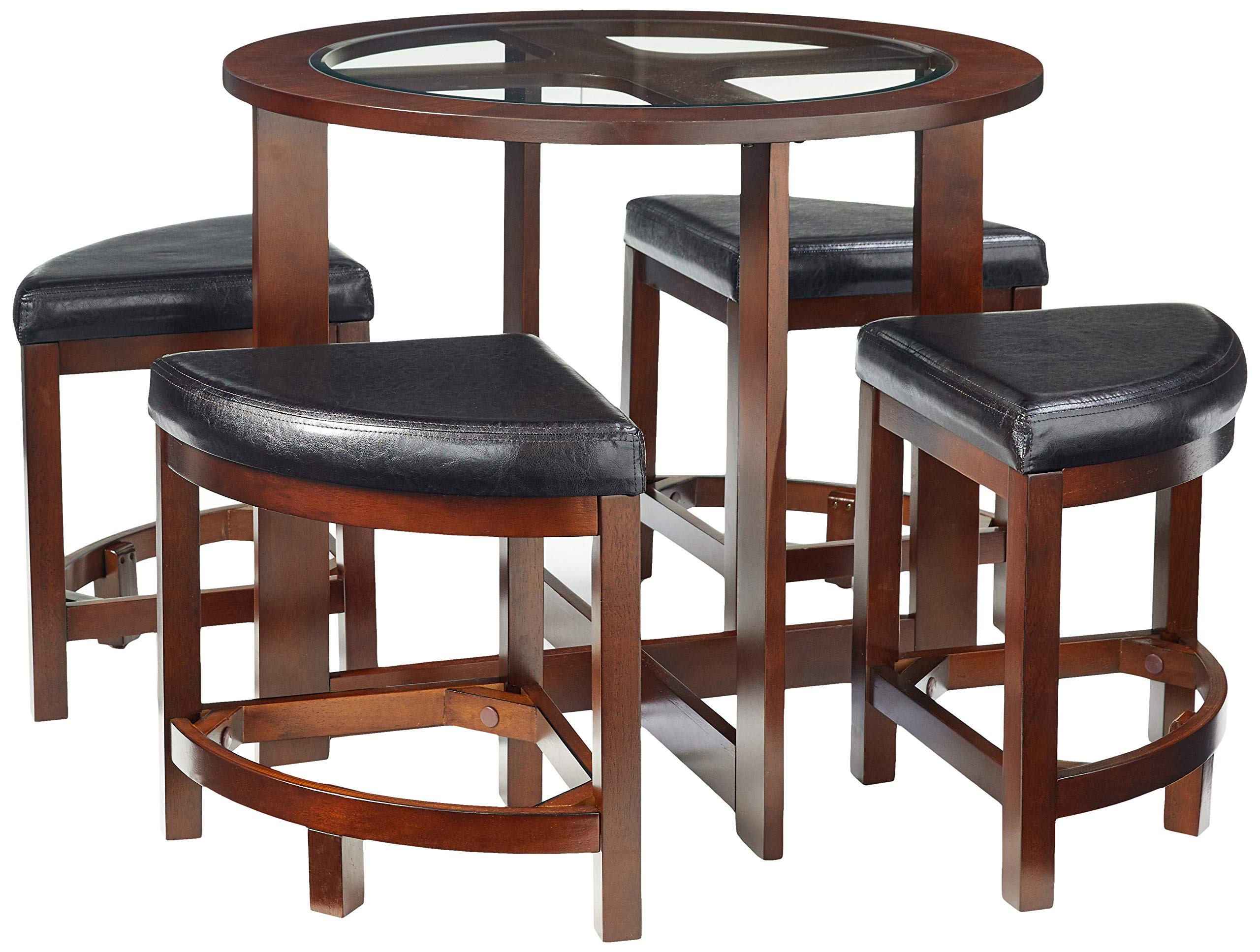 Roundhill Furniture Cylina Solid Wood Glass Top Round Dining Table with 4 Chairs - Modern Kitchen & Dining Room Set for Family Gatherings & Dinner Parties