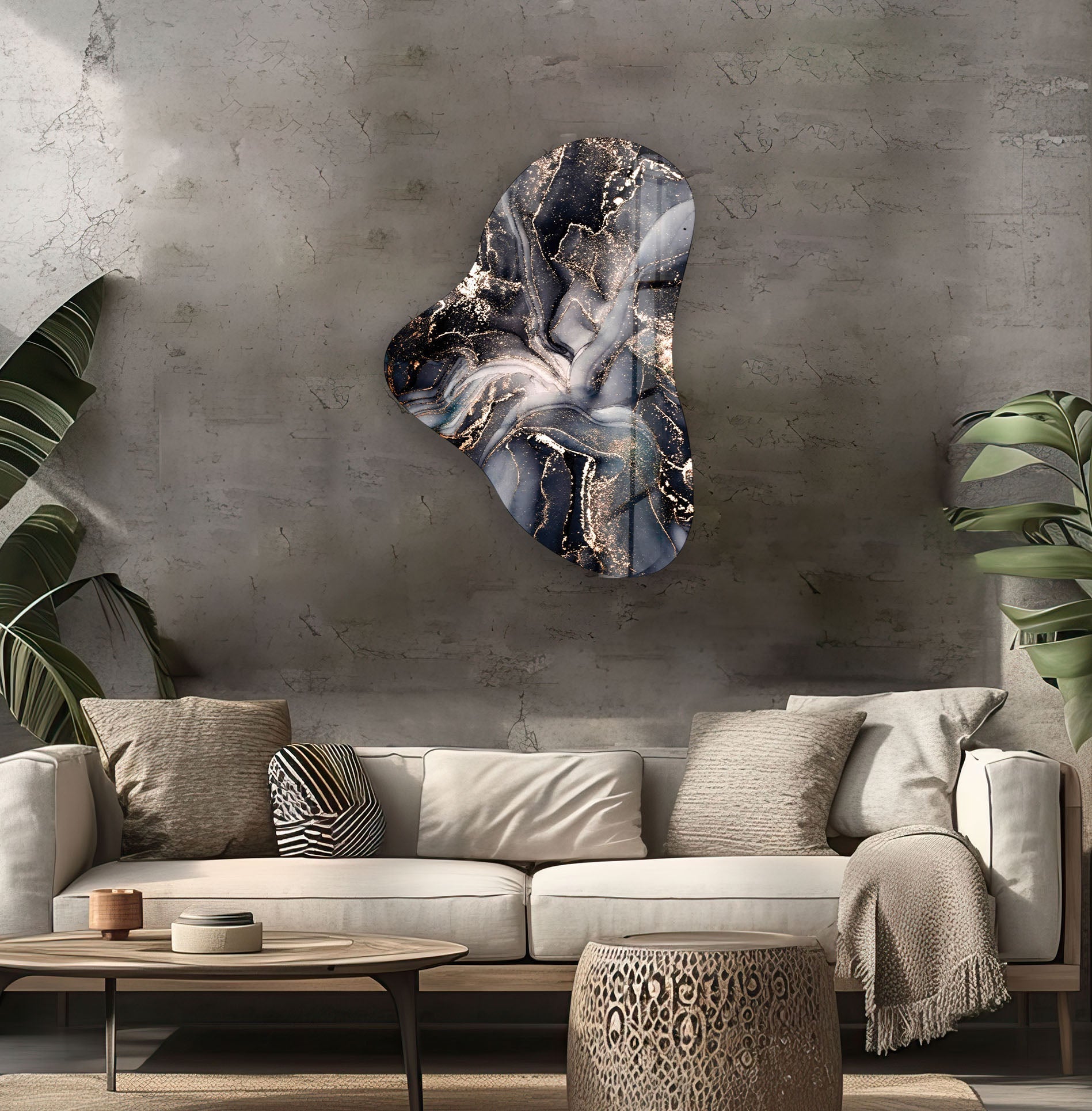 Black Alcohol Ink Asymmetrical Glass Wall Art - Modern Abstract Home Decor for Living Room, Bedroom & Office - Handmade Contemporary Artwork for Interior Design