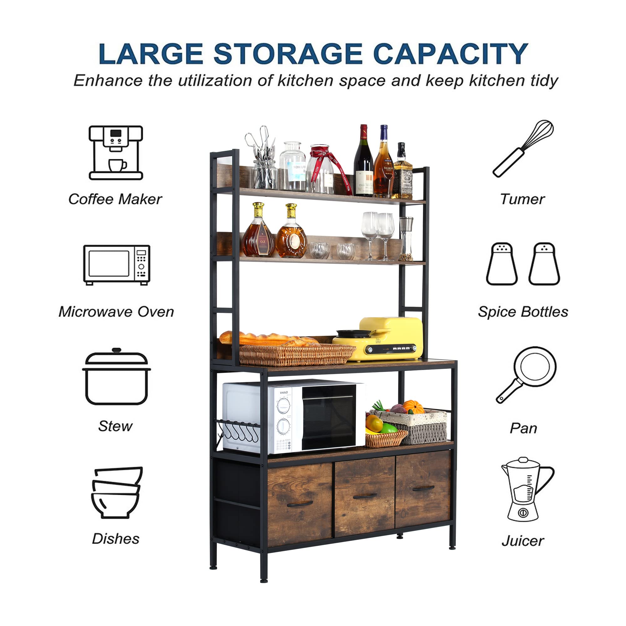 5-Tier Metal Kitchen Bakers Rack with Storage Baskets & Hooks - Free Standing Storage Shelf for Microwave Oven, Spice Jars & Cookware - Perfect for Small Kitchen Organization & Pantry Storage