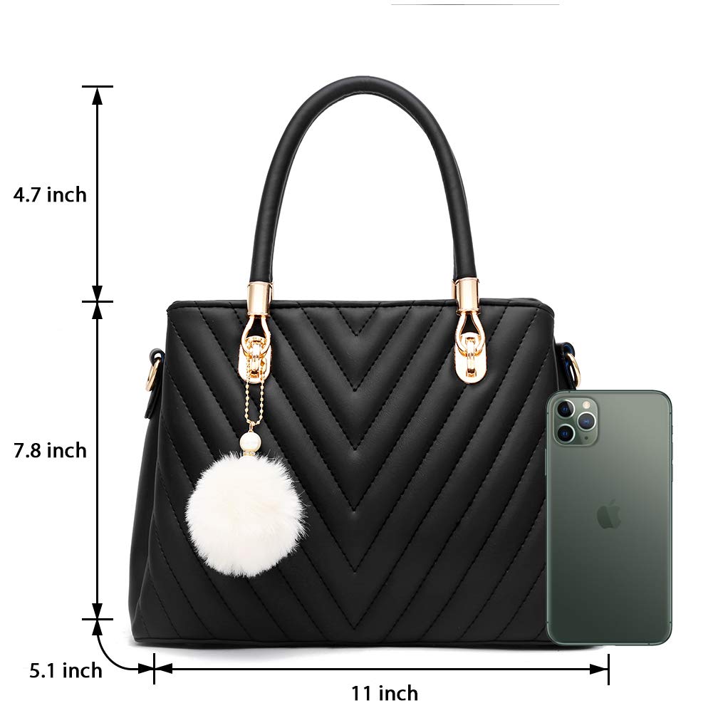 Stylish Women's Leather Handbags - Quilted Top-Handle Tote & Shoulder Satchel with Pompom | Perfect for Work, Travel & Everyday Use