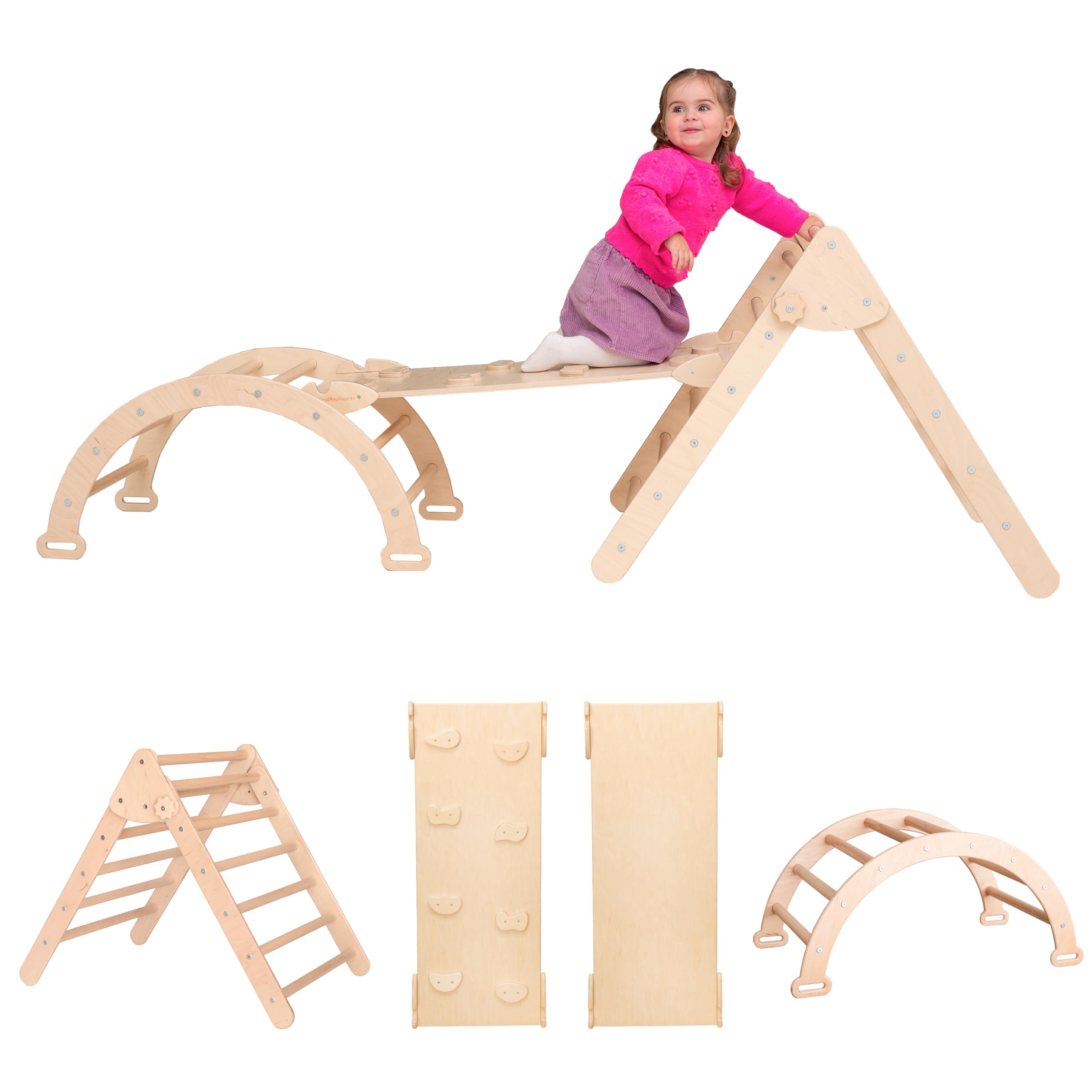 Wooden Climbing Triangle Gym for Toddlers - 3-in-1 Montessori Climbing Set with Ramp & Slide - Natural Wood Baby Activity Gym for Indoor Play, Physical Development & Sensory Exploration (Standard Size)
