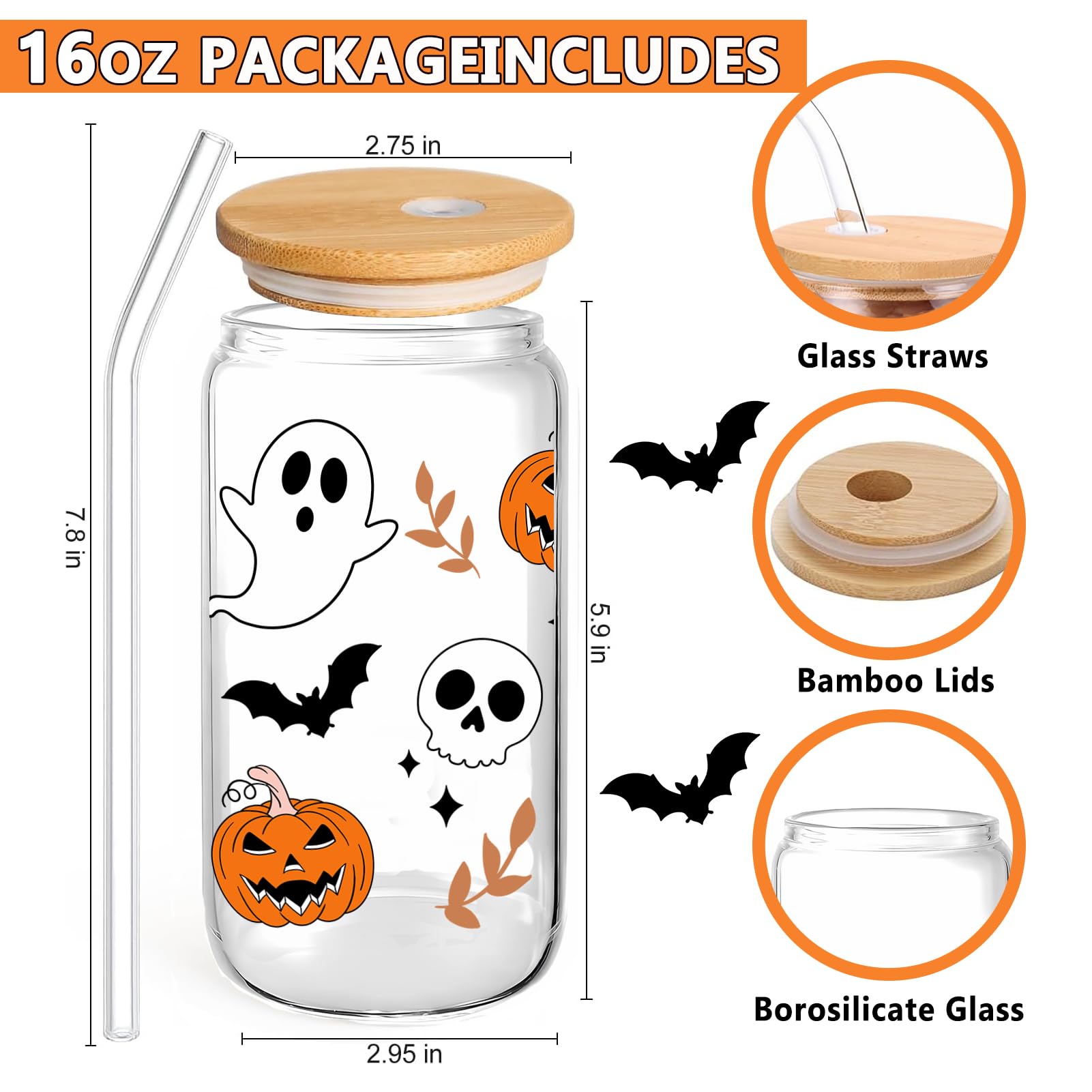 WECACYD Halloween Pumpkin Ghost Skull Tumbler - 16oz Insulated Stainless Steel Cup with Lid & Straw, Spooky Gothic Coffee Mug for Iced Beverages - Perfect for Halloween Parties, Fall Decorations & Unique Gifts for Women