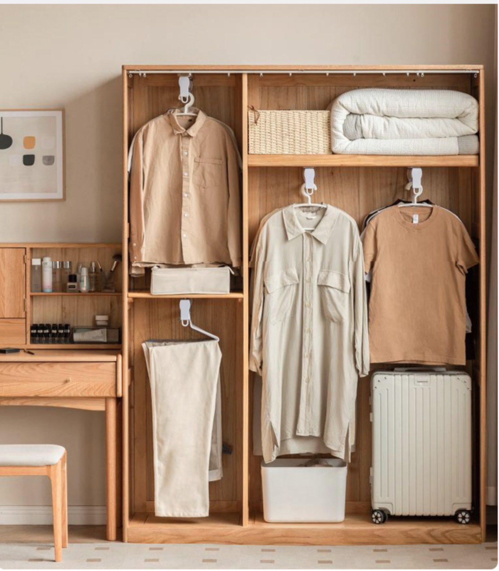 Solid Oak Wood Wardrobe with Thin Fabric Curtain - Stylish Closet Organizer for Bedroom, Living Room & Dorm Storage