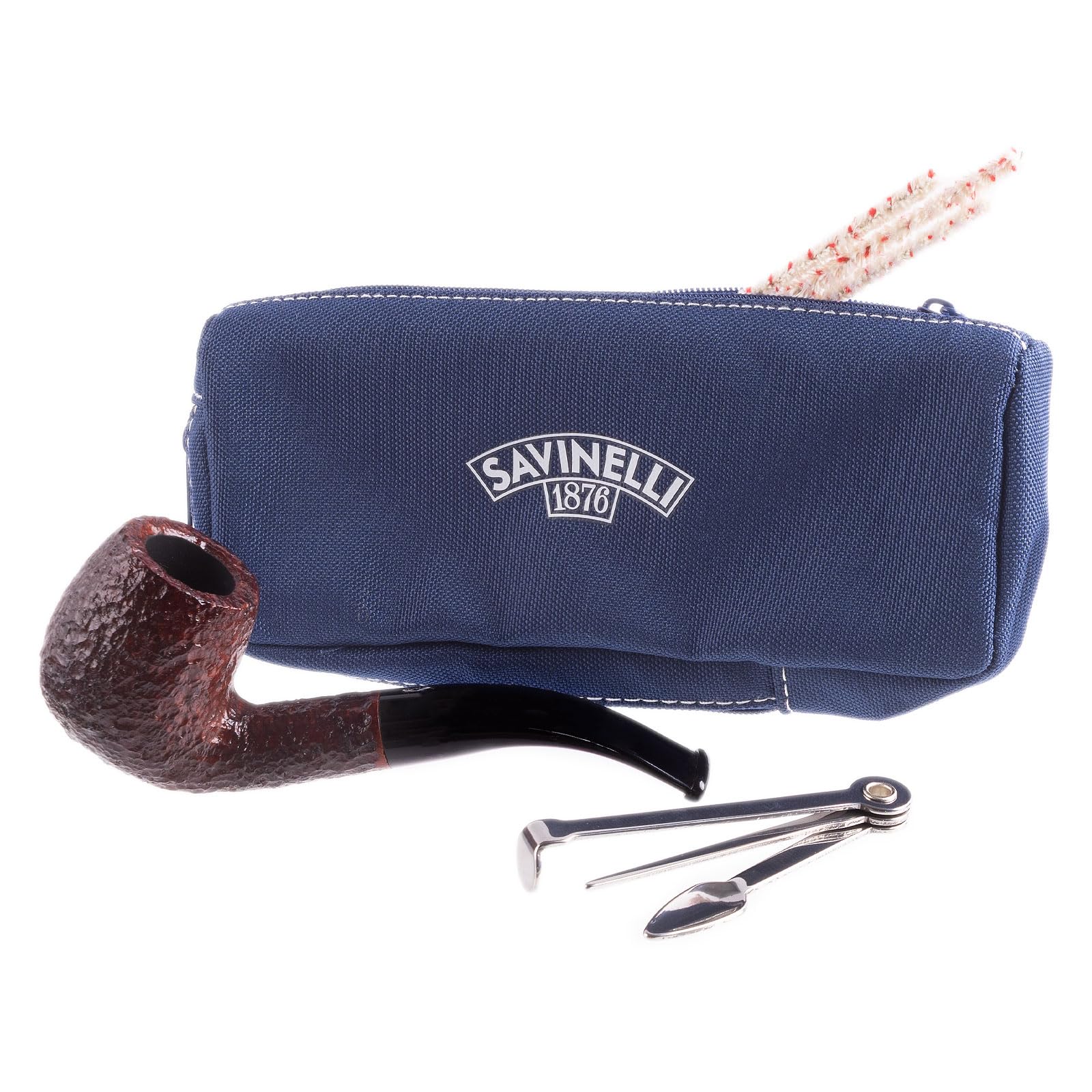 Savinelli One Kit - Handmade Italian Briar Wood Pipe with Blue Zipper Pouch, Pipe Cleaners & Czech Tool | 6mm Bent Billiard Rusticated Finish (601) | Perfect for Relaxing, Gifts & Tobacco Enthusiasts