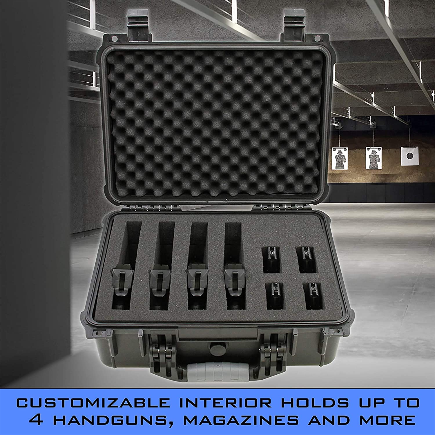 CASEMATIX 16 Customizable 4 Pistol Waterproof Shockproof Hard Gun Case with 2 Layer Foam for Pistols & Magazines - Perfect for Range, Travel & Secure Storage