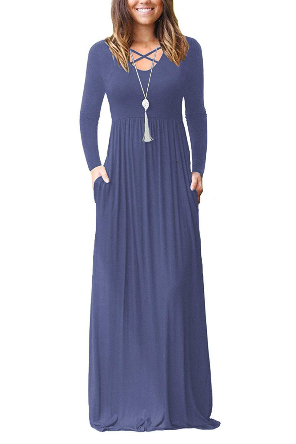 LILBETTER Women's Long Sleeve Casual Maxi Dress with Pockets - Loose Plain Long Dresses for Everyday Wear, Beach Cover Up & Boho Outfits
