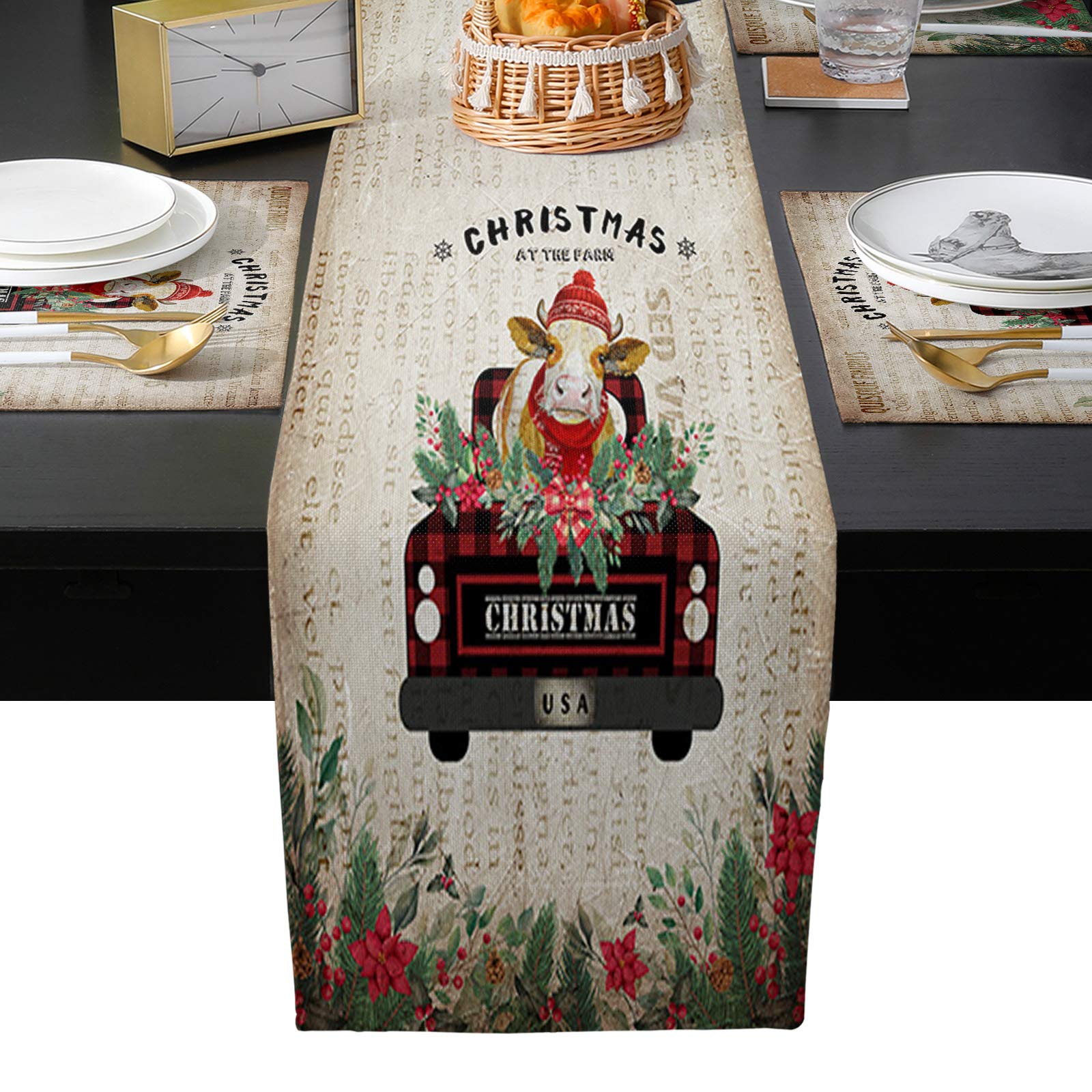 EZON-CH 6-Piece Farmhouse Table Runner and Placemat Set - Rustic Christmas & Western Country Cow Design - 90