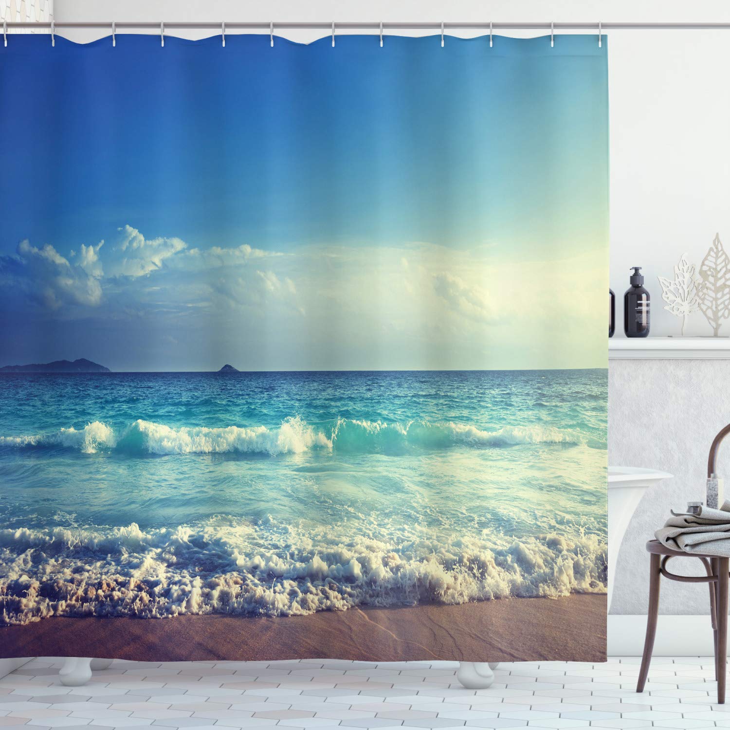 Ambesonne Ocean Shower Curtain - Tropical Island Sunset Beach Waves & Misty Sea Design, 105
