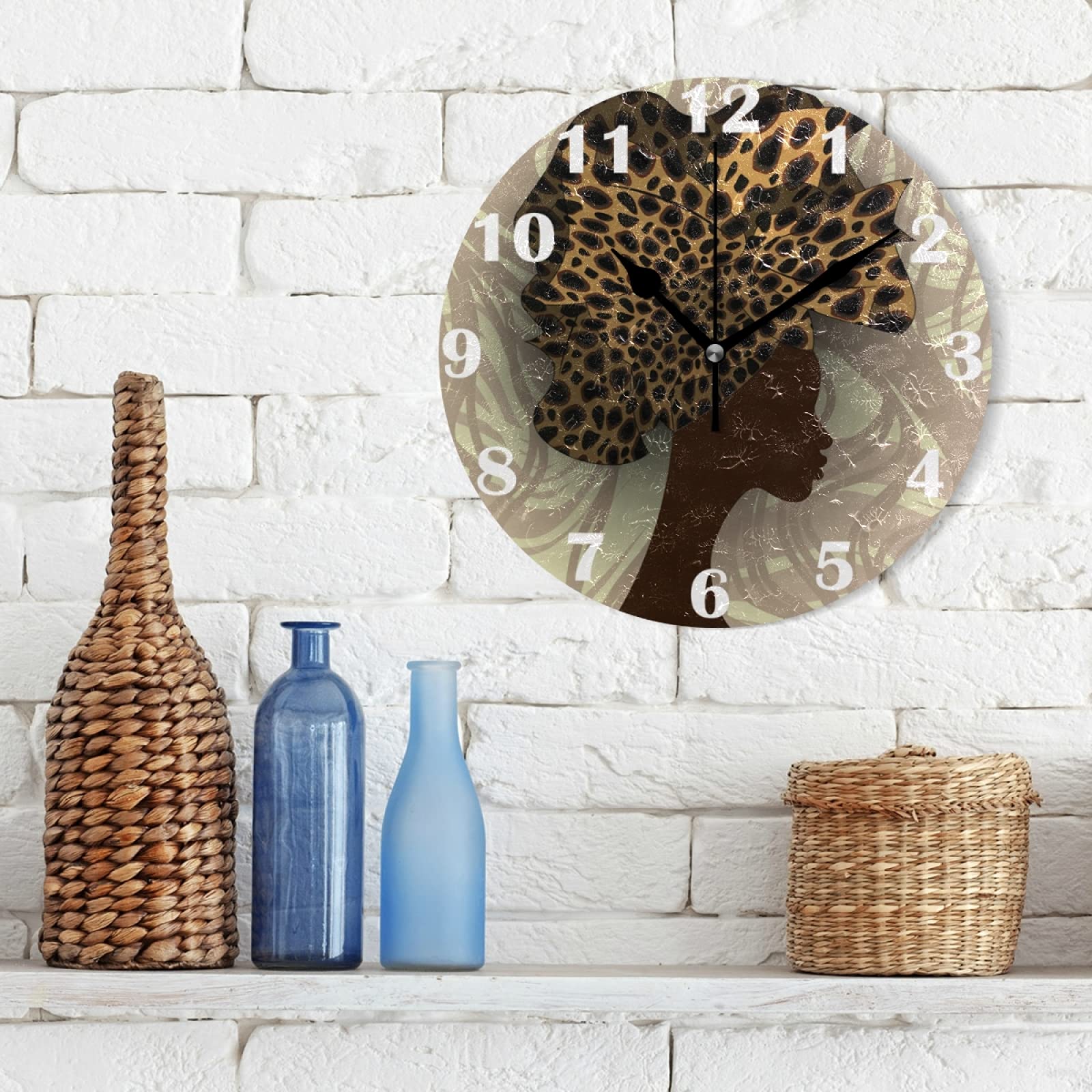 African American Afro Woman Leopard Wall Clock - 10 Inch Silent Non-Ticking Quartz Analog Clock with Battery - Black Girl Leaves Design for Home, Bedroom & Living Room Decor | Perfect for Wall Mount or Desk Display