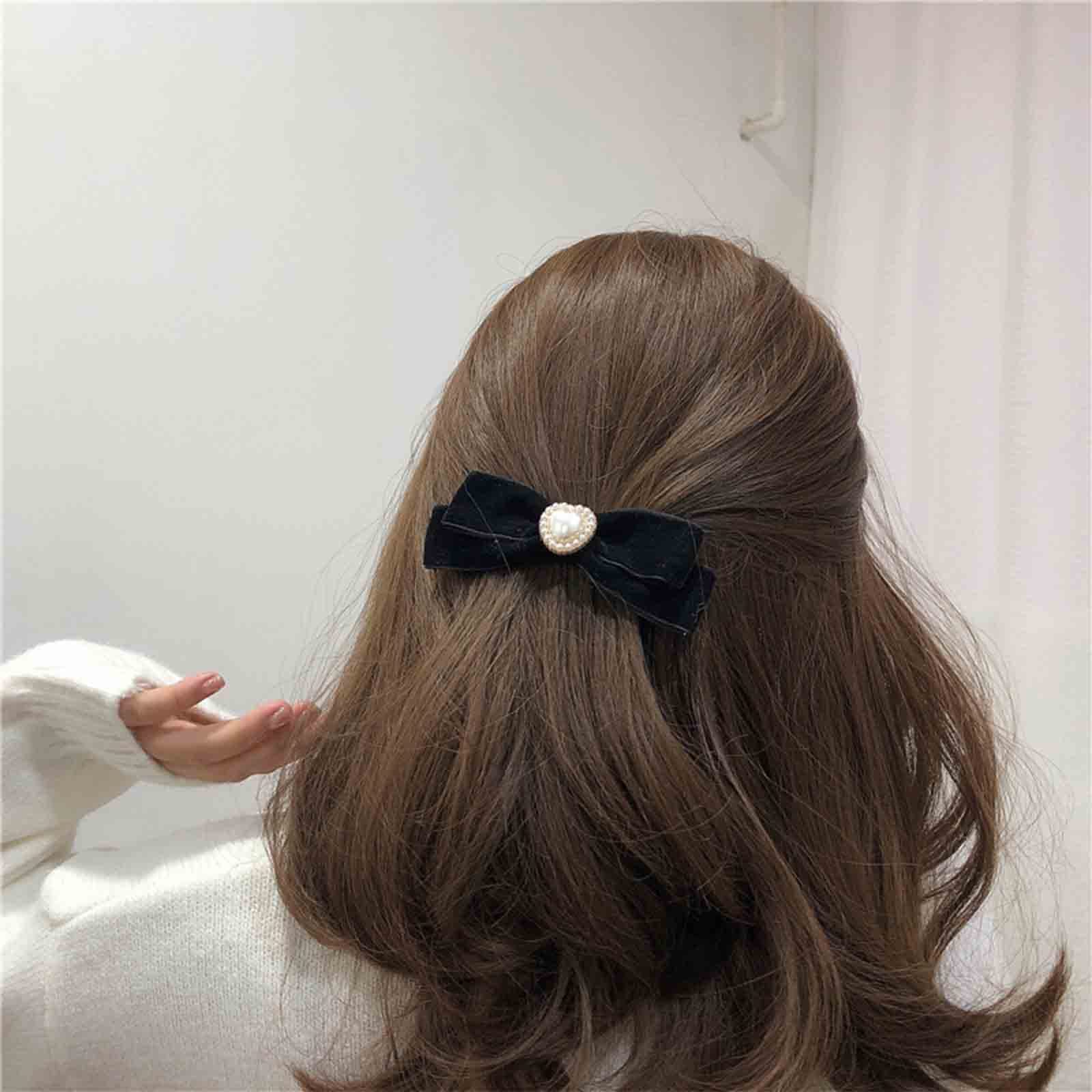 Wendalern Velvet Bow Hair Clips - Black Satin Ribbon Hair Accessories with Pearl Ponytail Holder for Women & Girls | Elegant Headpieces for Weddings, Parties, Prom & Daily Wear