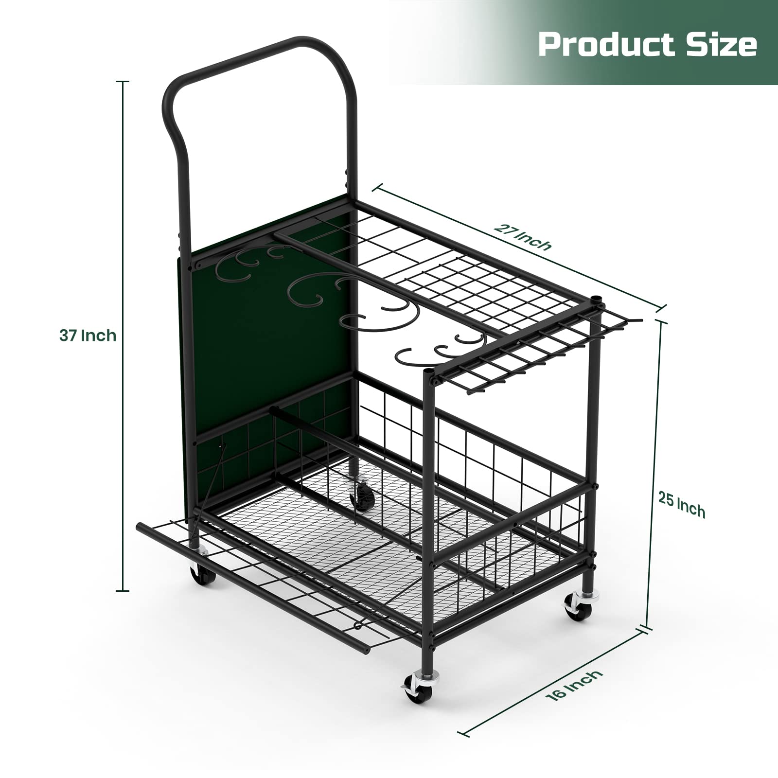Black Heavy-Duty Garden Tool Organizer with Wheels & Storage Hooks - Yard Tool Stand for Garage, Shed & Outdoor Storage - Perfect for Organizing Rakes, Shovels & Gardening Equipment