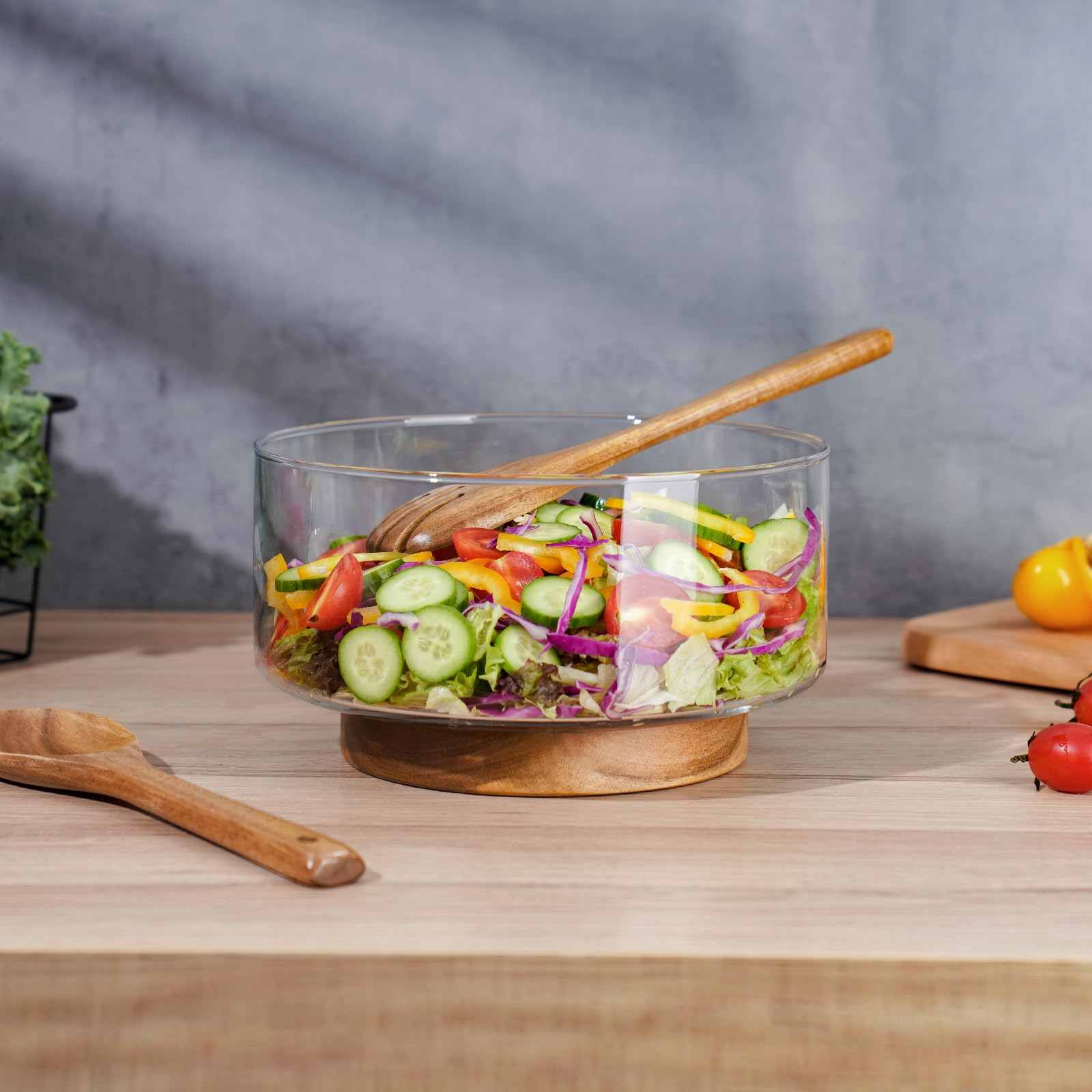 NiHome Large Glass Salad Bowl with Acacia Wood Tongs - 4.5QT Durable Serving Dish for Salads, Fruits, Pasta | Perfect for Family Dinners, Parties & Outdoor Picnics