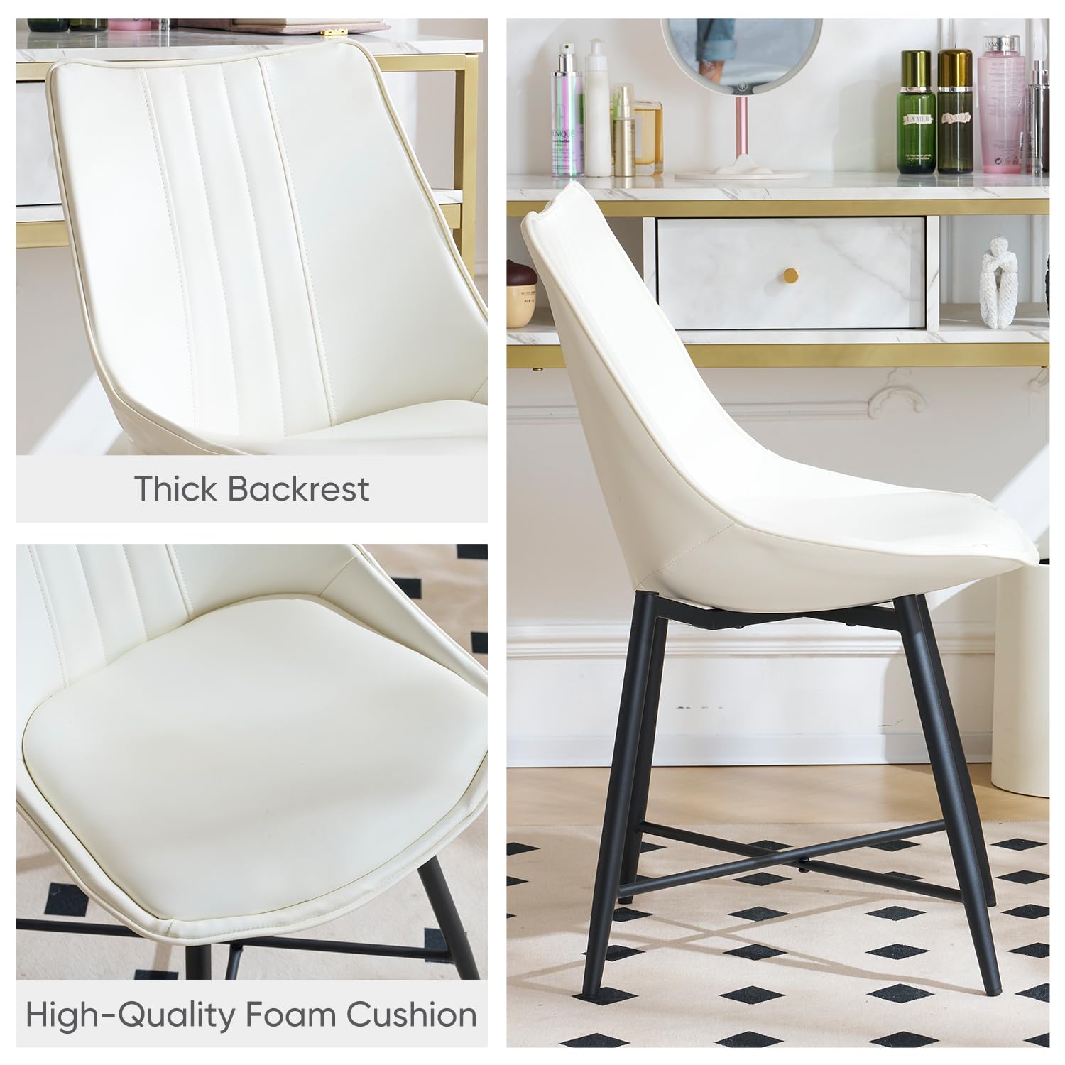 ANOUR PU Leather Dining Chairs Set of 2 - Modern Kitchen & Dining Room Armless Chairs with Metal Legs, Comfortable Upholstered Side Chairs for Home, Restaurant, Office - White (Perfect for Small Spaces & Contemporary Decor)