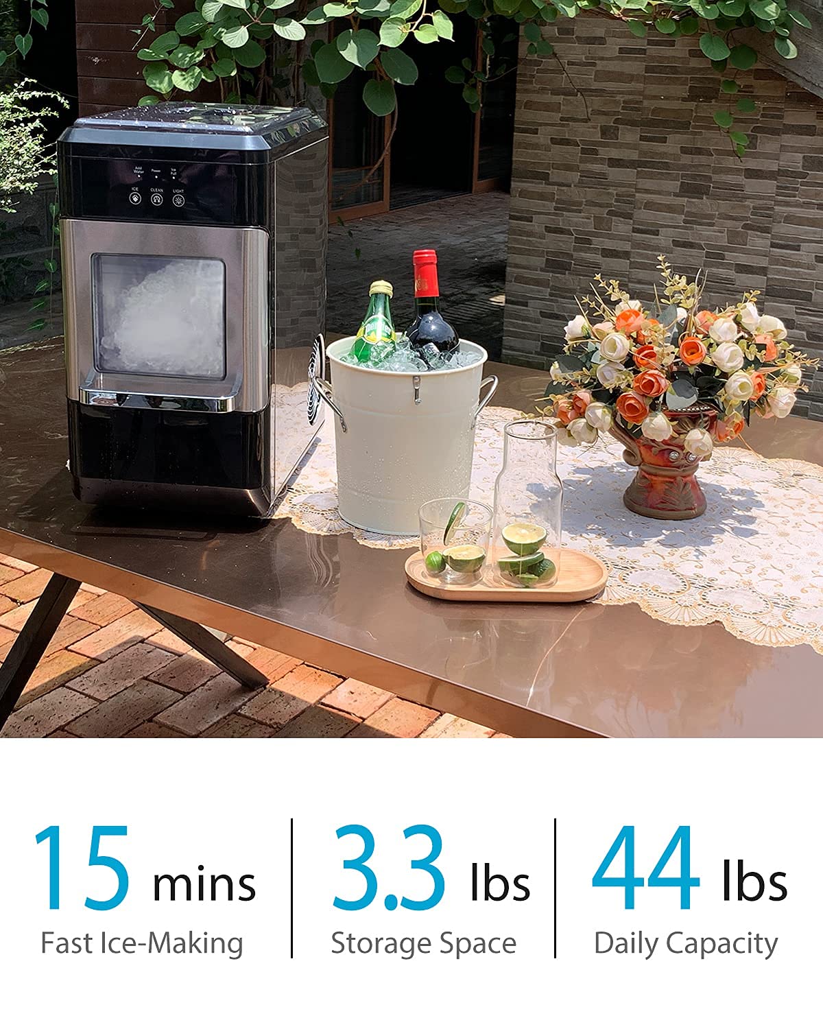 Portable Chewable Nugget Ice Maker Machine - 44lbs/Day, Self-Cleaning Countertop Ice Maker for Home, Office, and Commercial Use - Perfect for Cocktails, Smoothies, and Beverages