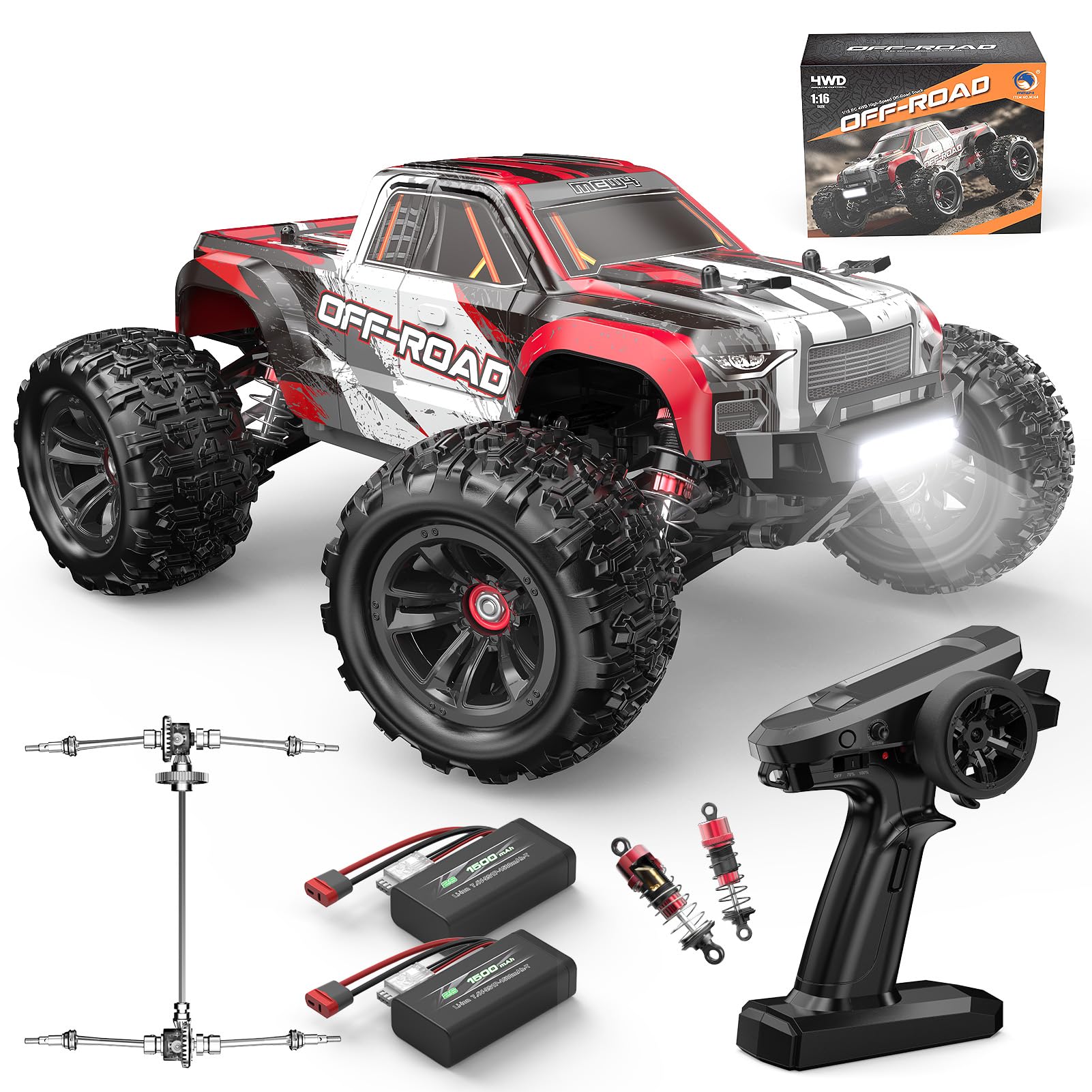 MEW4 1/16 Scale 4X4 Off-Road RC Truck - Ready-to-Run High Speed 38km/h Remote Control Monster Truck with 2x1500mAh Batteries | Durable Beginner RC Car for Adults & Kids | Perfect for Backyard Racing, Off-Road Adventures & Birthday Gifts
