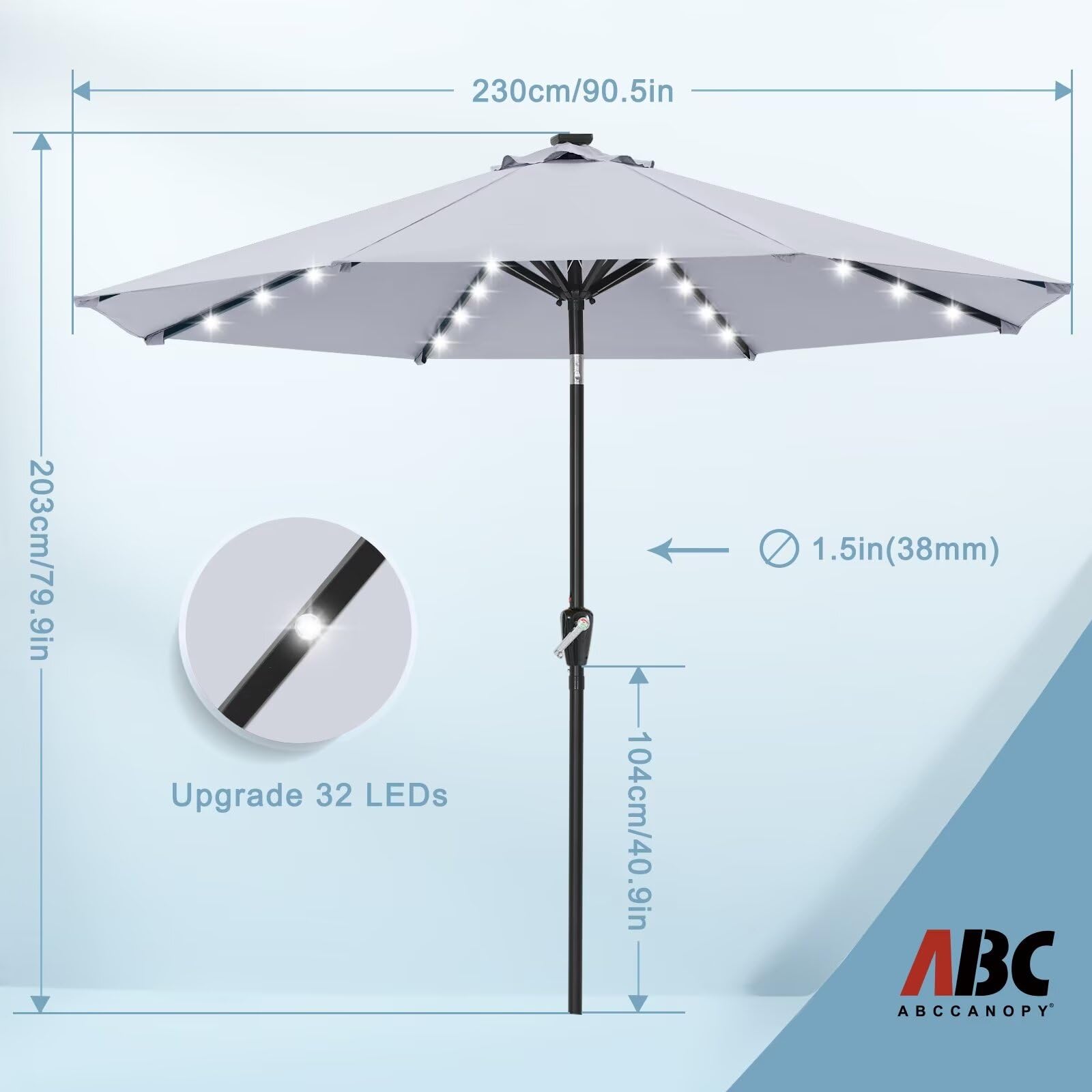 Durable 7.5FT Solar LED Patio Umbrella with 32 Lights - Light Gray Outdoor Canopy for Garden, Poolside & Backyard Relaxation