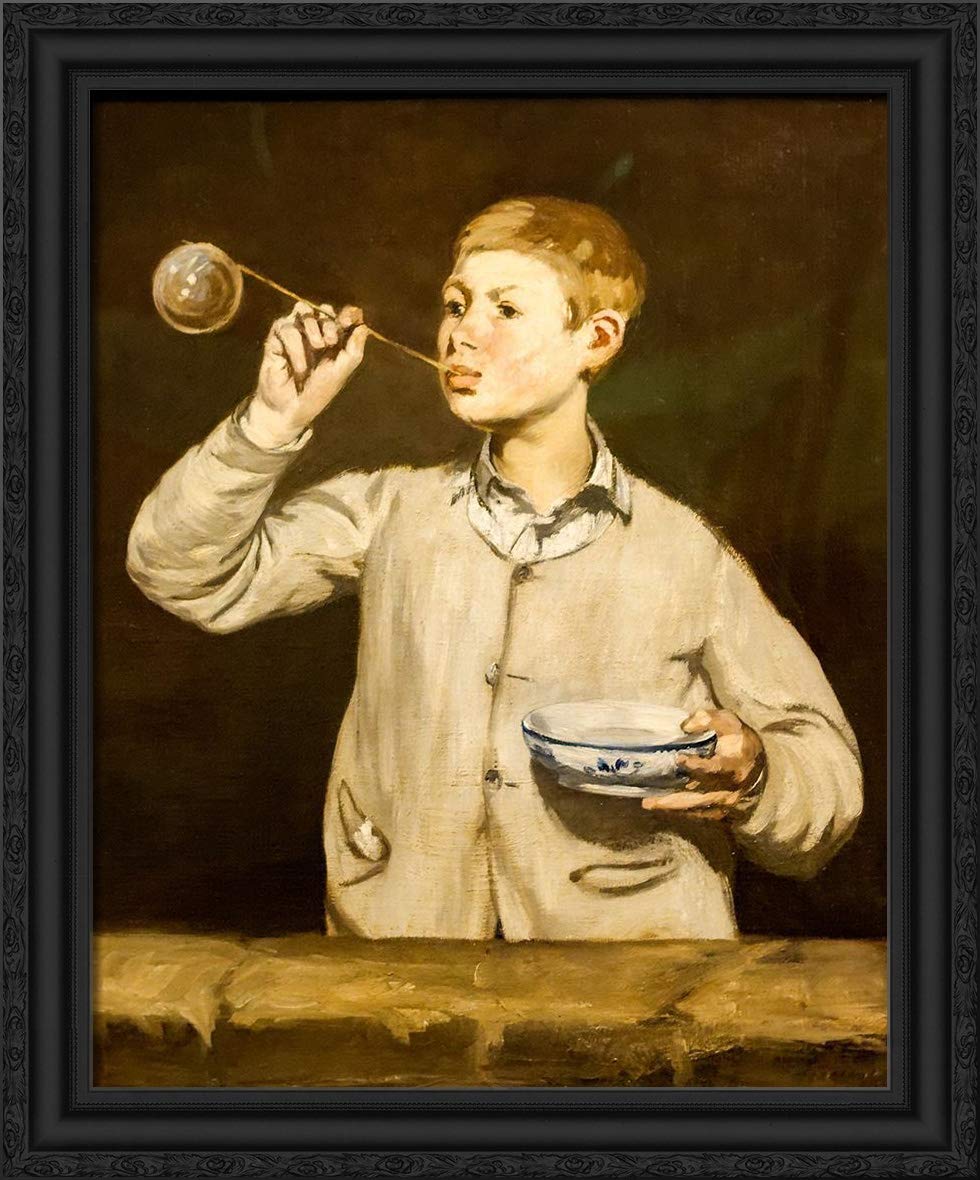 Edouard Manet 'Boy Blowing Bubbles' 28x34 Inch Large Framed Canvas Art Print - Classic Black Ornate Frame for Living Room, Office & Home Decor