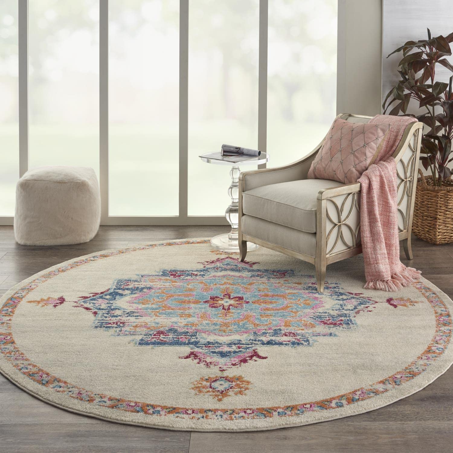 Nourison Passion Bohemian Grey/Multi 8' Round Area Rug - Easy Cleaning, Non-Shedding, Soft & Durable - Perfect for Bedroom, Living Room, Dining Room & Kitchen Decor (8' Round) | Boho Chic Home Accent for Cozy Spaces & Modern Interiors