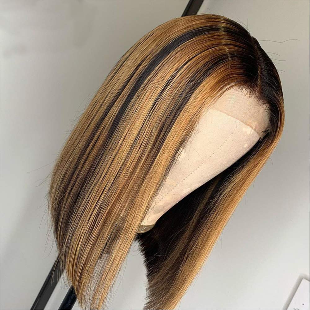 13x4 Lace Front Human Hair Wig - Ombre Brown Honey Blonde Short Bob | Brazilian Remy Virgin Hair 150 Density 8 Inch | Pre Plucked Natural Hairline with Baby Hair | Perfect for Daily Wear, Cosplay & Special Occasions