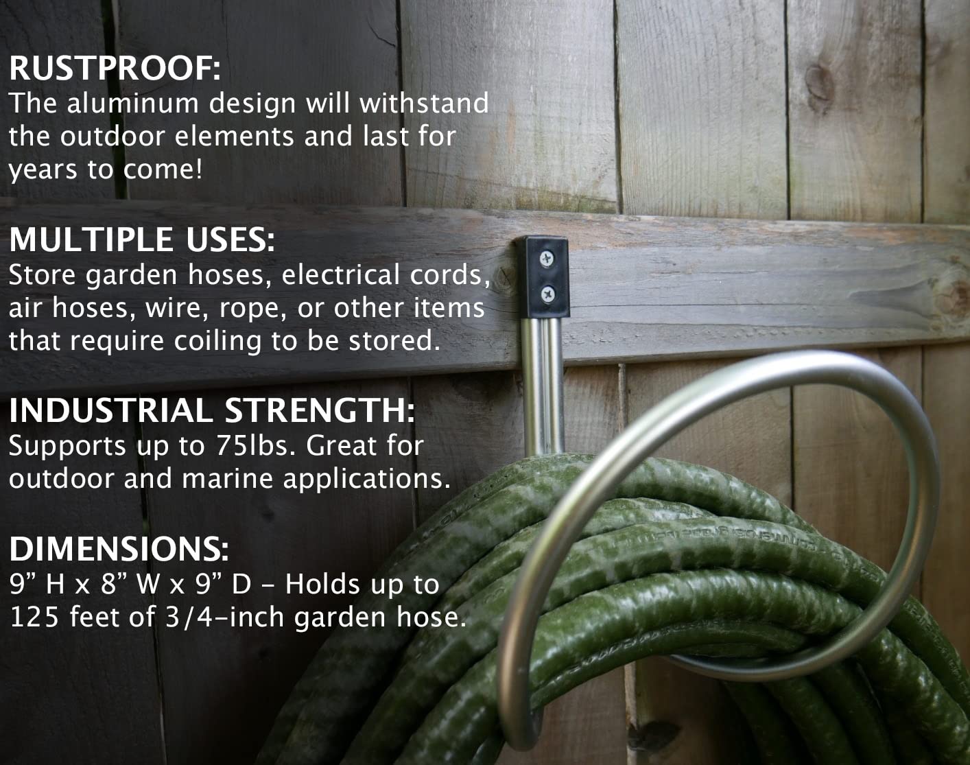 2-Pack Aluminum Hose Hanger Wall Mount for 3/4 Inch Hose - Holds 25-125 Feet Garden Hose - Durable Outdoor Hose Hook for Garage, Yard & Garden Organization