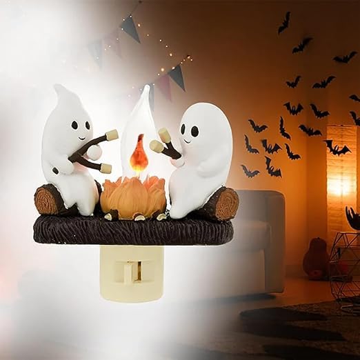 Spooky Halloween Ghost Night Light - Flickering LED Campfire Lamp with Dusk to Dawn Sensor, 0.5W Plug-in Wall Decor for Bedroom, Nursery & Halloween Party Decorations | Perfect for Kids' Rooms, Halloween Displays & Cozy Nighttime Ambiance