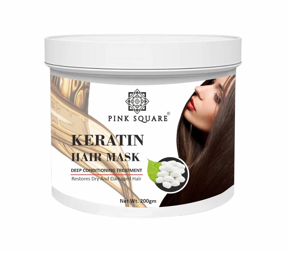 Pink Square Keratin Hair Mask for Intense Damaged Hair Repair - 200g Deep Conditioning Treatment for Dry & Damaged Hair - Salon Quality At-Home Hair Spa | Perfect for Post-Color Care & Weekly Hydration