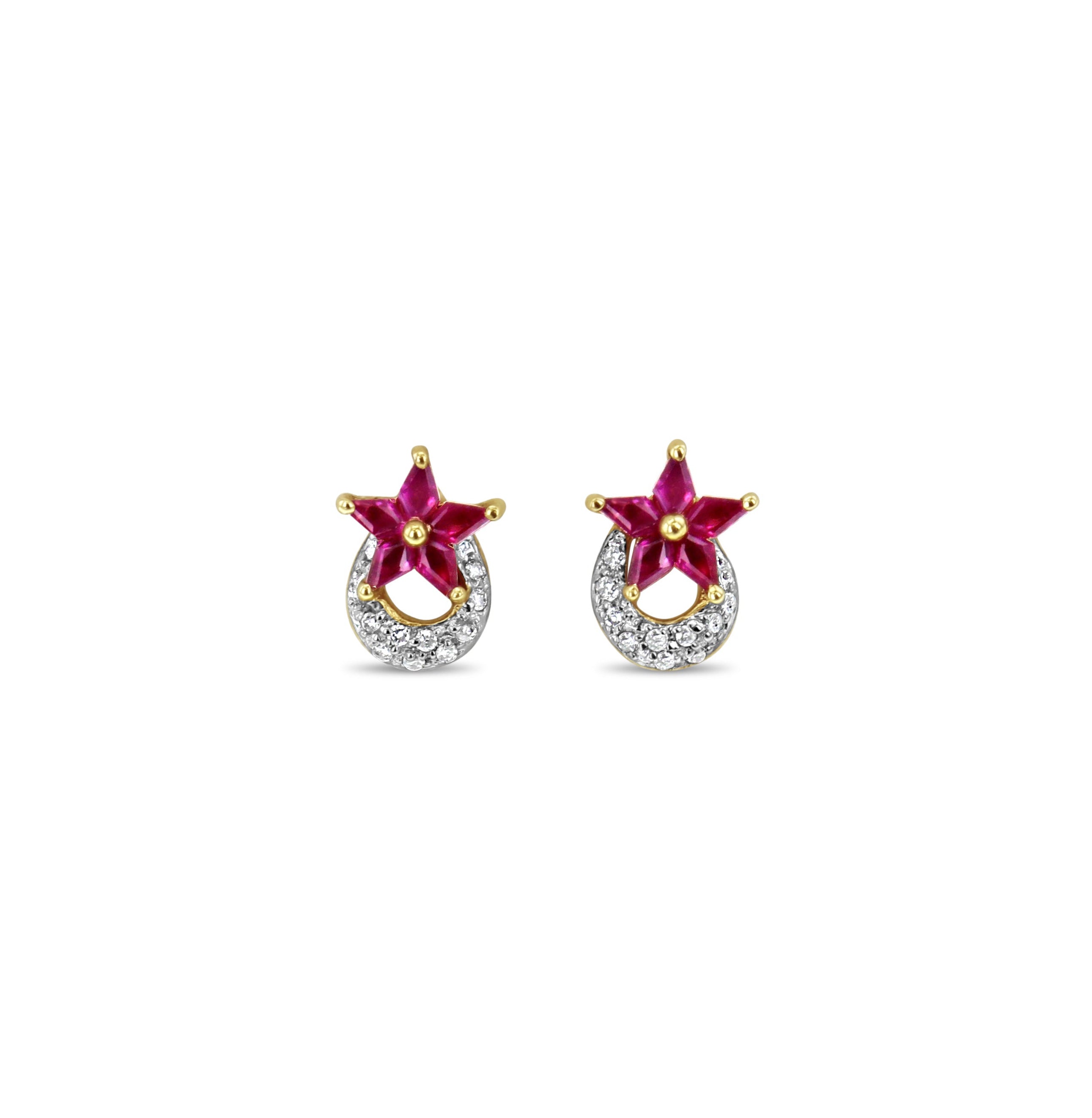 Briolette Ruby Star Shaped & Diamond Pave Crescent Stud Earrings for Women - Elegant Dangle Earrings for Party, Wedding & Special Occasions