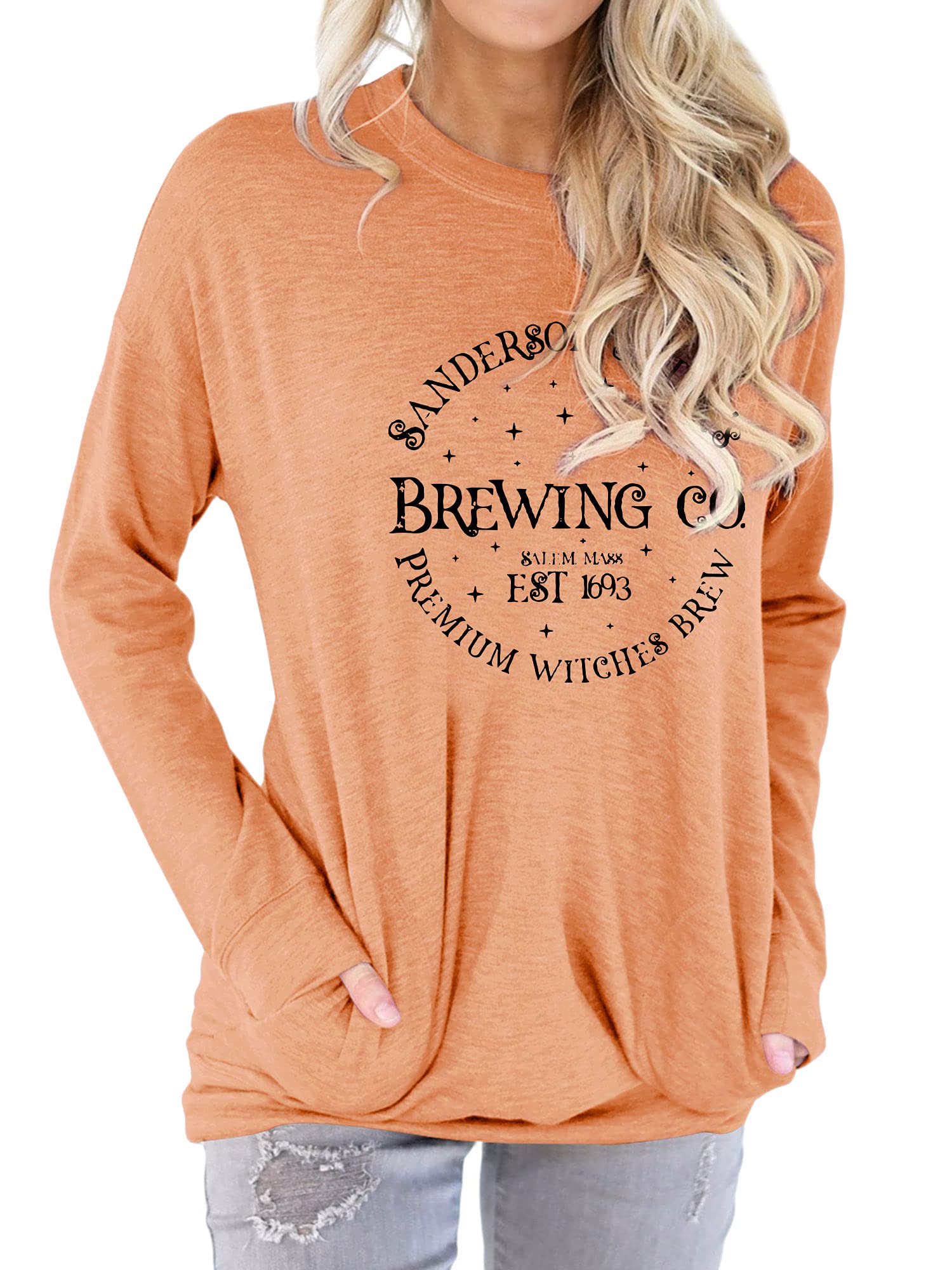Nlife Women's Halloween Premium Witches Brew Letter Print Pocket T-Shirt | Cute Graphic Tee for Costume Parties, Trick or Treat & Spooky Season Outfits