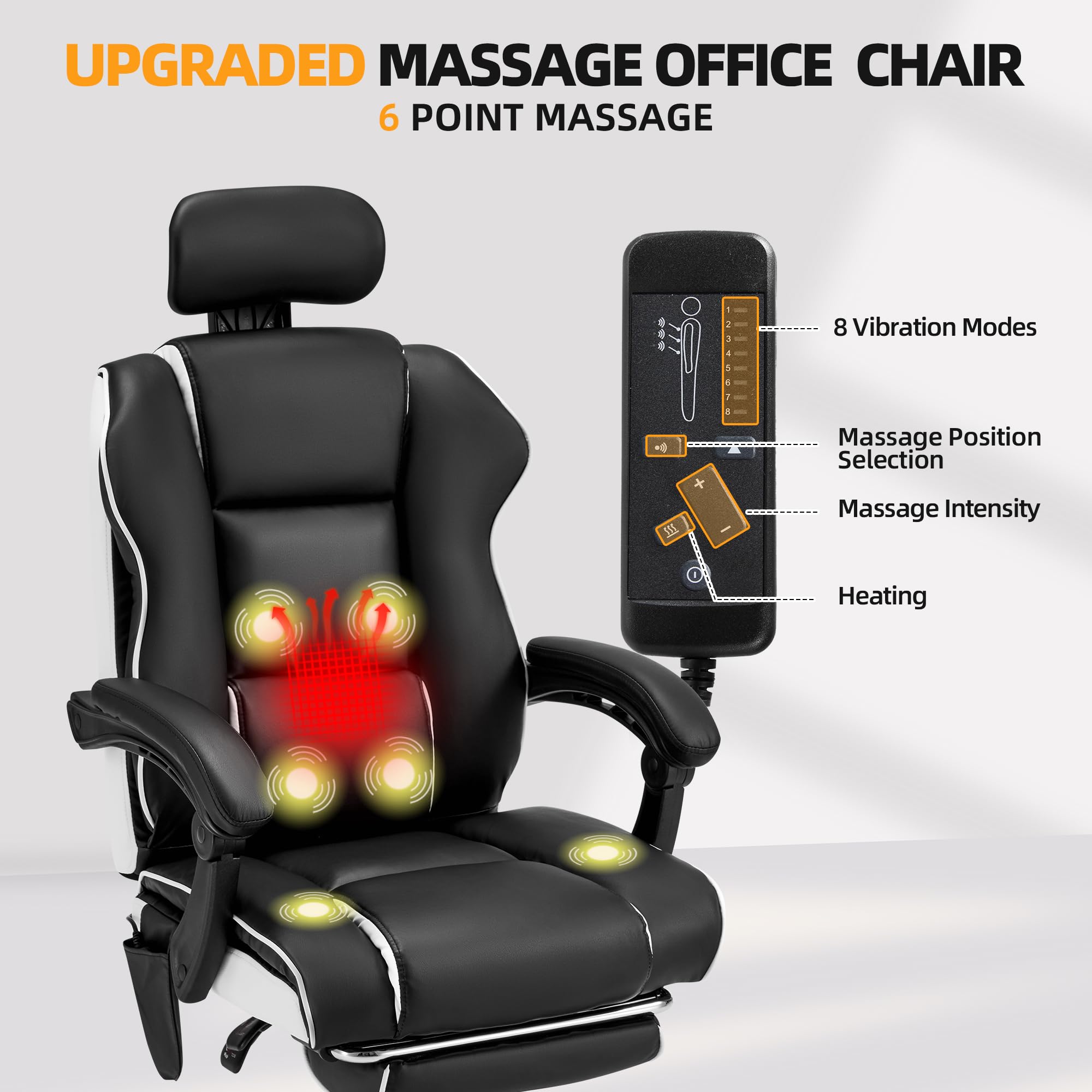 HOMREST 6-Point Ergonomic Massage Office Chair with Adjustable Footrest & Heated Reclining Backrest - Padded Armrest Executive Gaming Chair in Black - Perfect for Home Office, Workstation & PC Gaming Setup