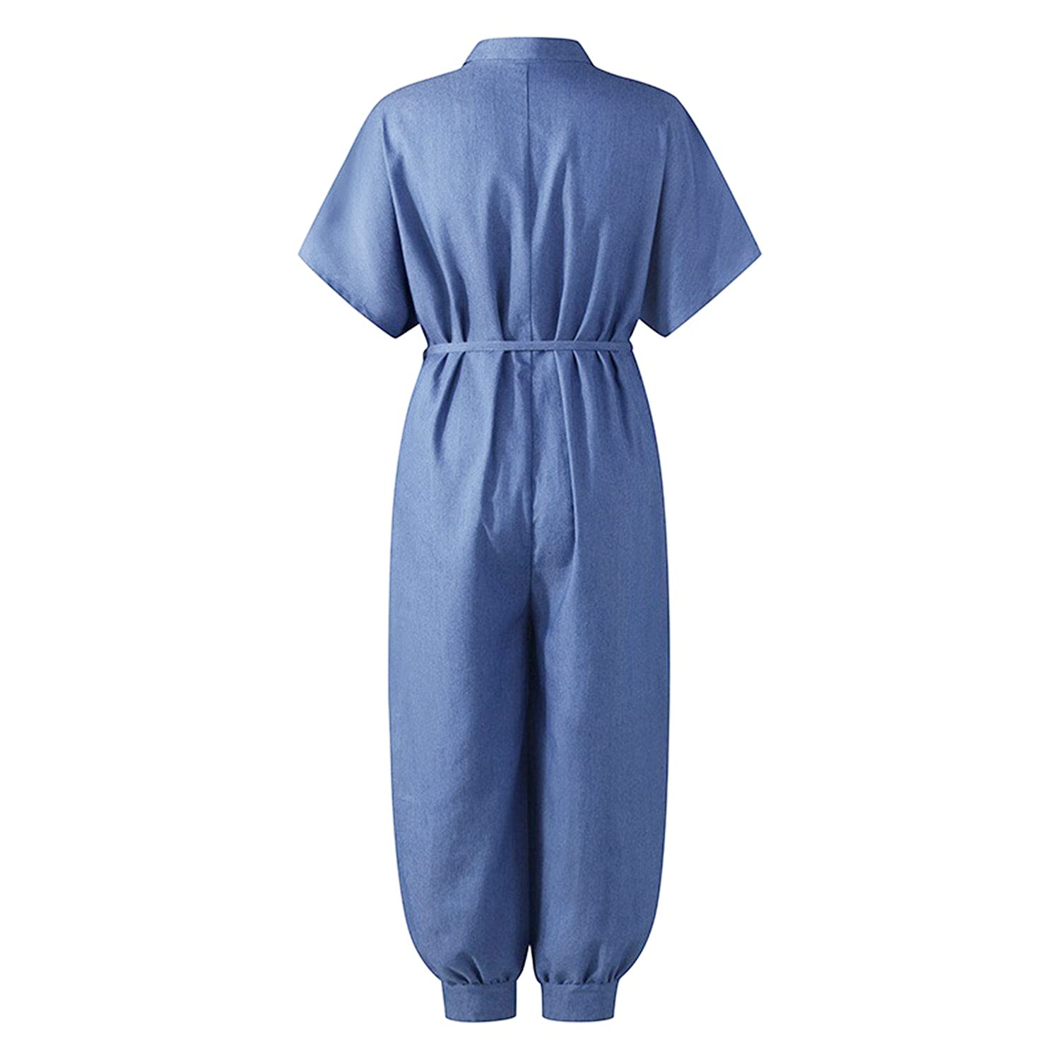 Women's Casual Denim Overalls - Wide Leg Short Sleeve Jumpsuit with V-Neck & Drawstring Waist (Plus Size, Light Blue, Small) | Perfect for Summer Outings, Beach Trips & Casual Streetwear Fashion