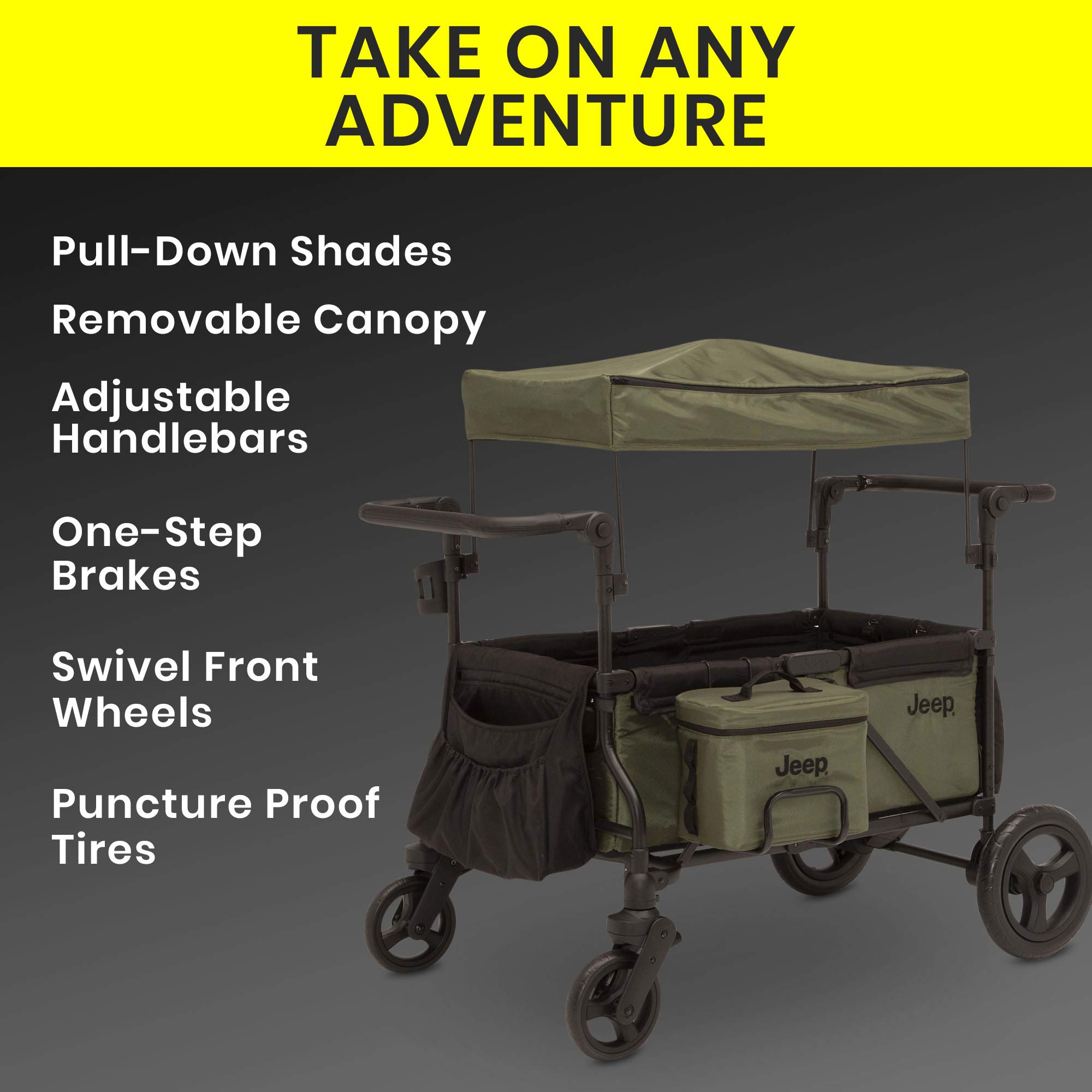 Delta Children Jeep Deluxe Wrangler Stroller Wagon with Cooler Bag & Parent Organizer - Black/Green - Perfect for Outdoor Adventures, Beach Trips, and Family Outings
