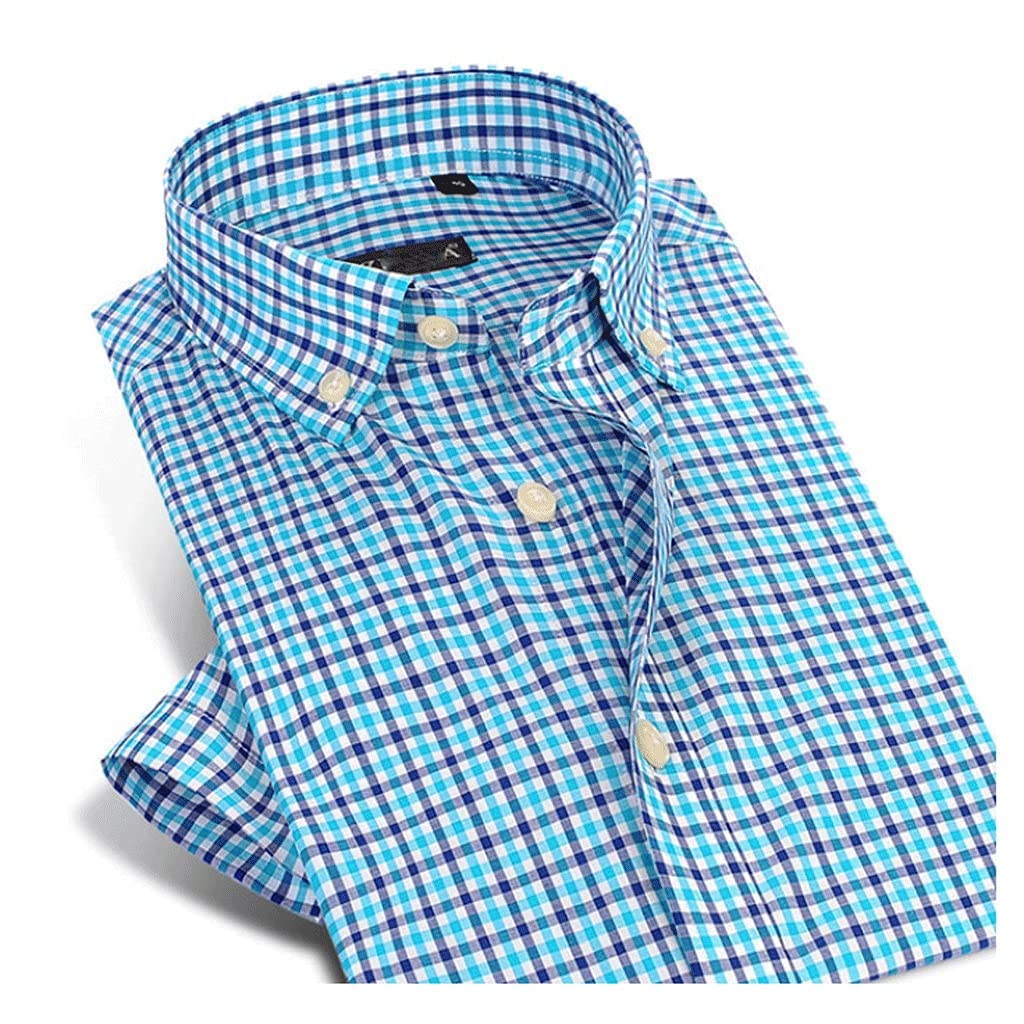 England Style Plaid Checked Cotton Men's Shirt - Short Sleeve Summer Casual Button Down Shirt, Pocketless Design, Standard Fit, Thin & Breathable (Blue, Size 43) - Perfect for Office, Outdoor & Summer Travel
