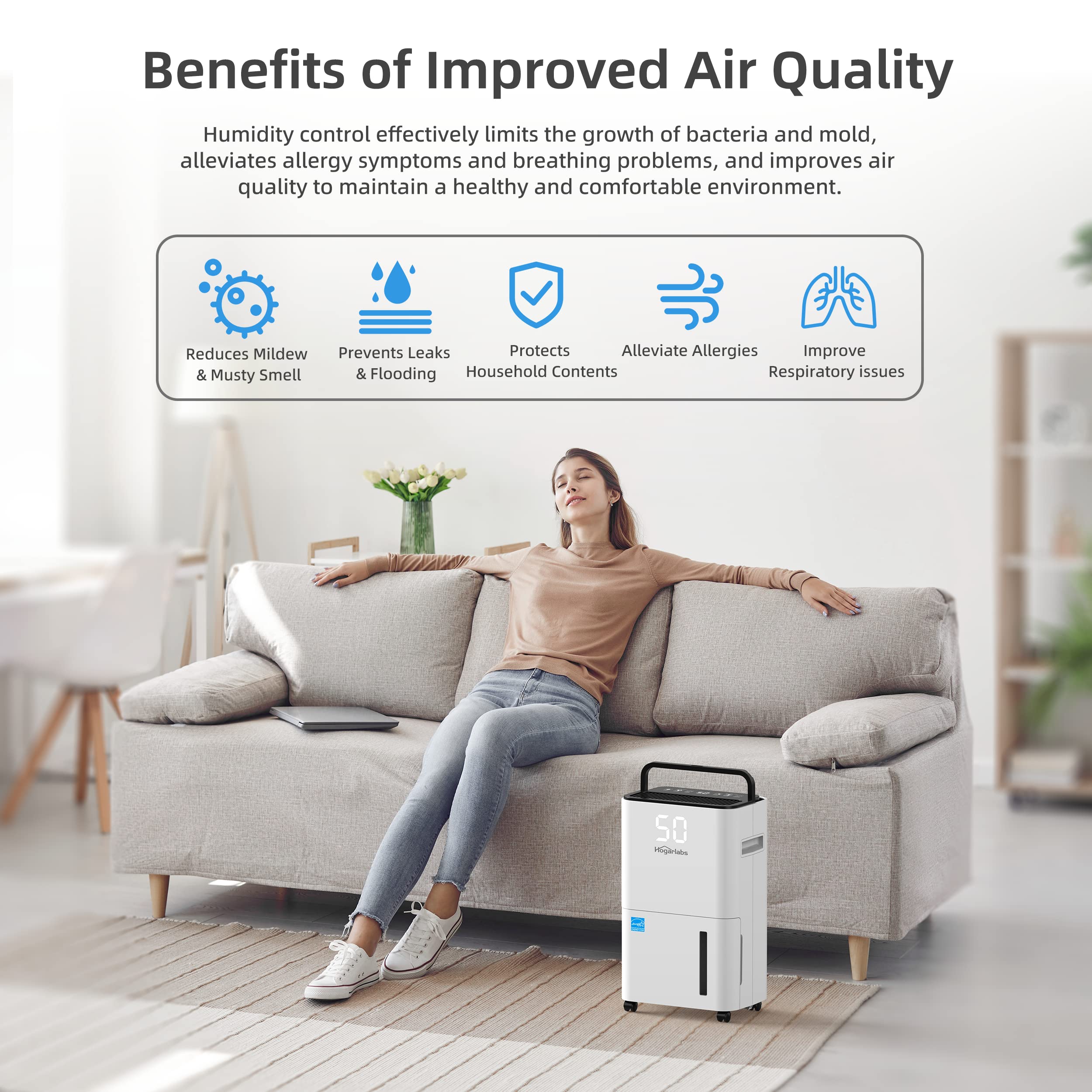 50 Pint Energy Star Dehumidifier - 3500 Sq. Ft Coverage for Home, Basement, Bedroom & Bathroom | Smart Humidity Control with Drain Hose - Perfect for Medium to Large Rooms, Mold Prevention & Air Quality Improvement