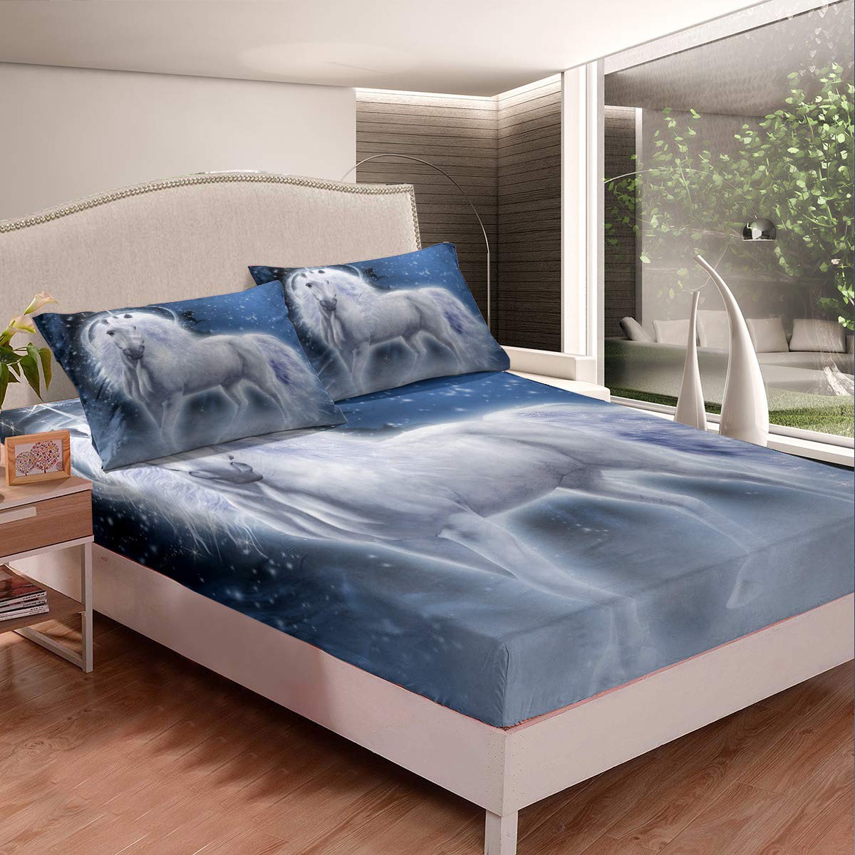 Premium Queen Size Fitted Sheet Set - Ultra Soft Microfiber Bedding (3pc: 1 Fitted Sheet + 2 Pillow Cases) for Kids & Adults - White Horse Fairy Prince Design - Deep Pocket for Mattress - Perfect for Children's Bedrooms, Guest Rooms & Cozy Home Decor