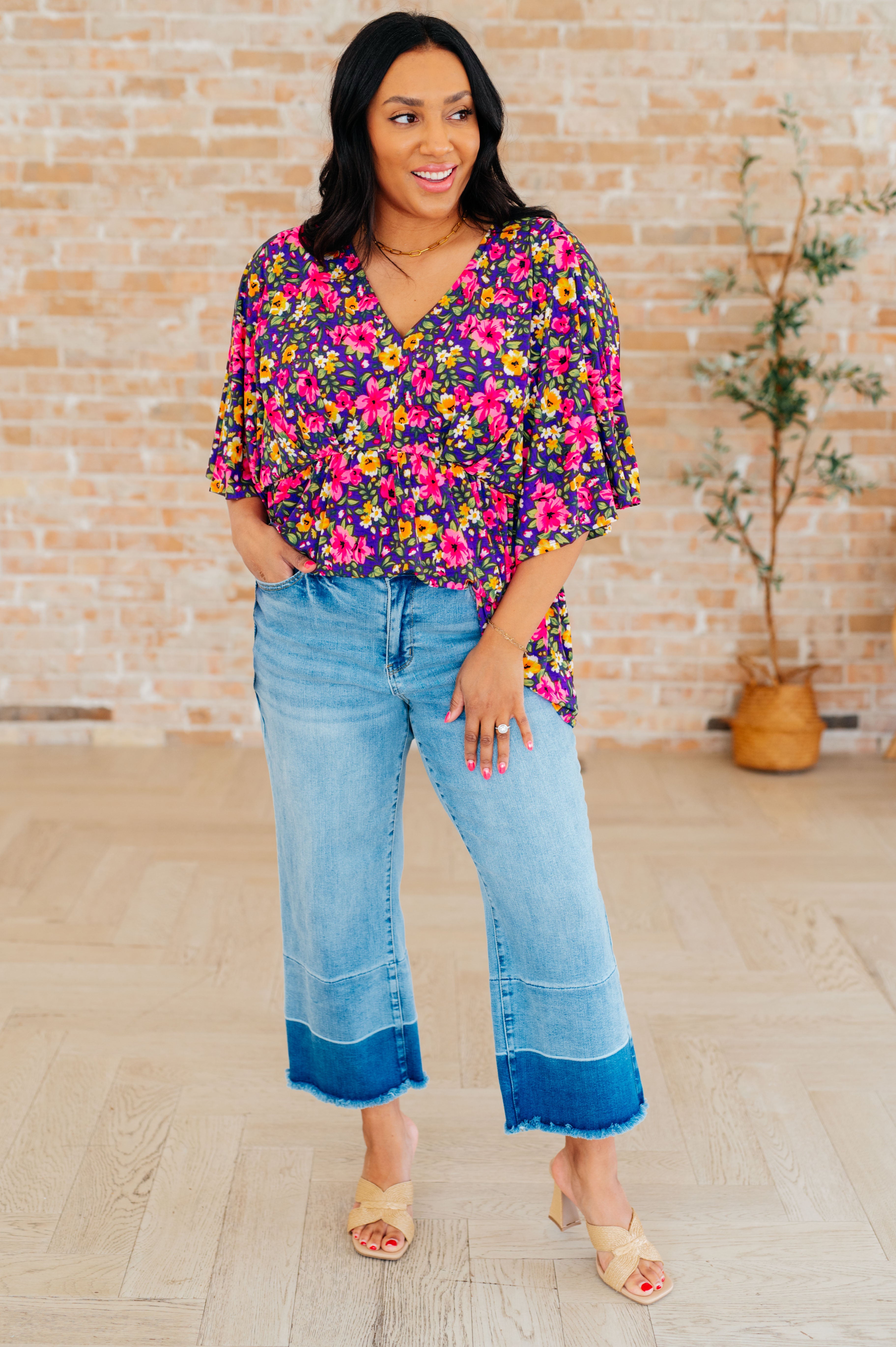 Dreamer Peplum Top - Floral Print Women's Blouse in Purple & Pink | Casual Wear, Office Outfit, Party Dress
