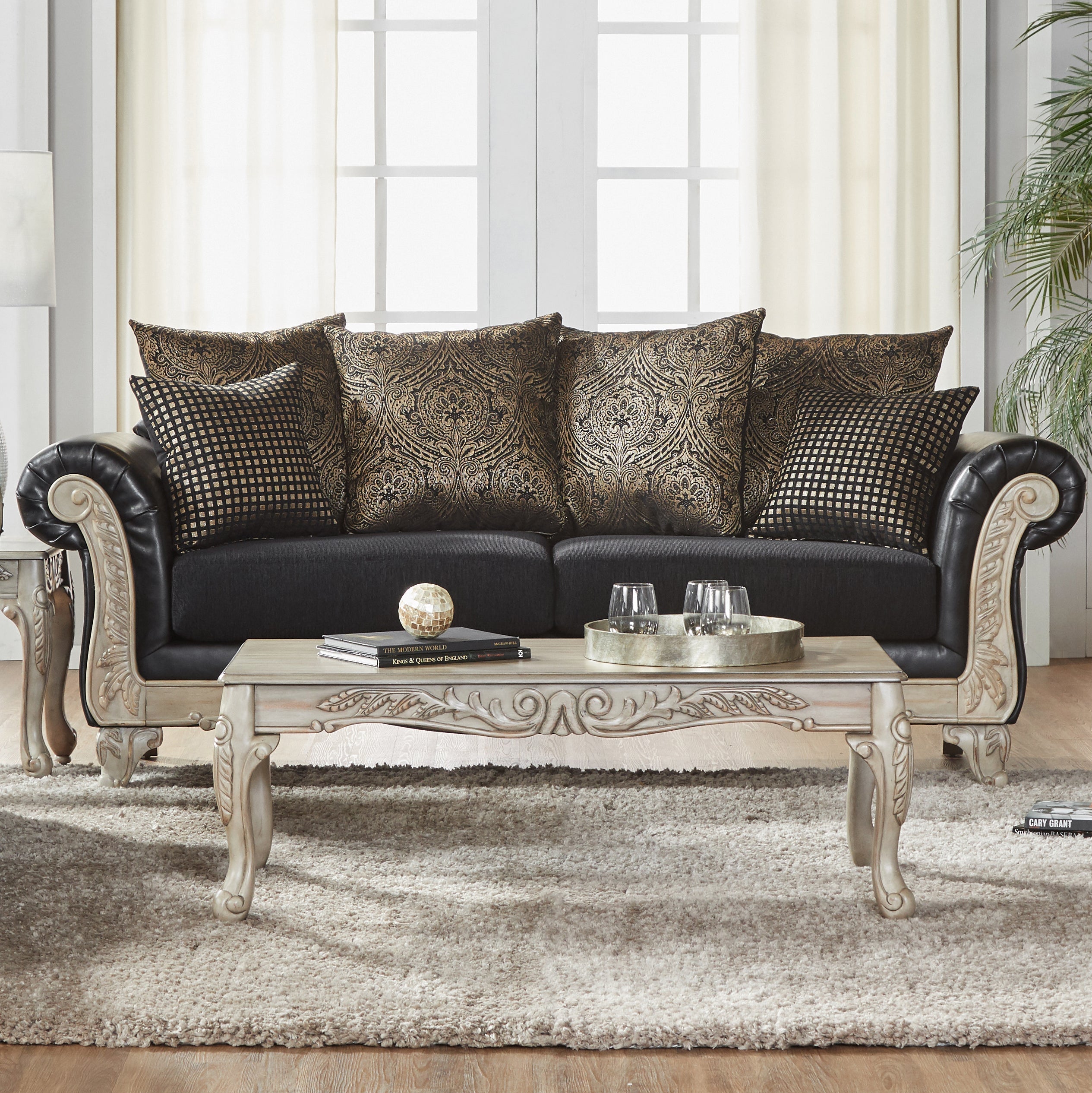 San Marino Wood Frame Faux Leather Sofa in Ebony - Modern Living Room Furniture for Small Spaces & Apartments