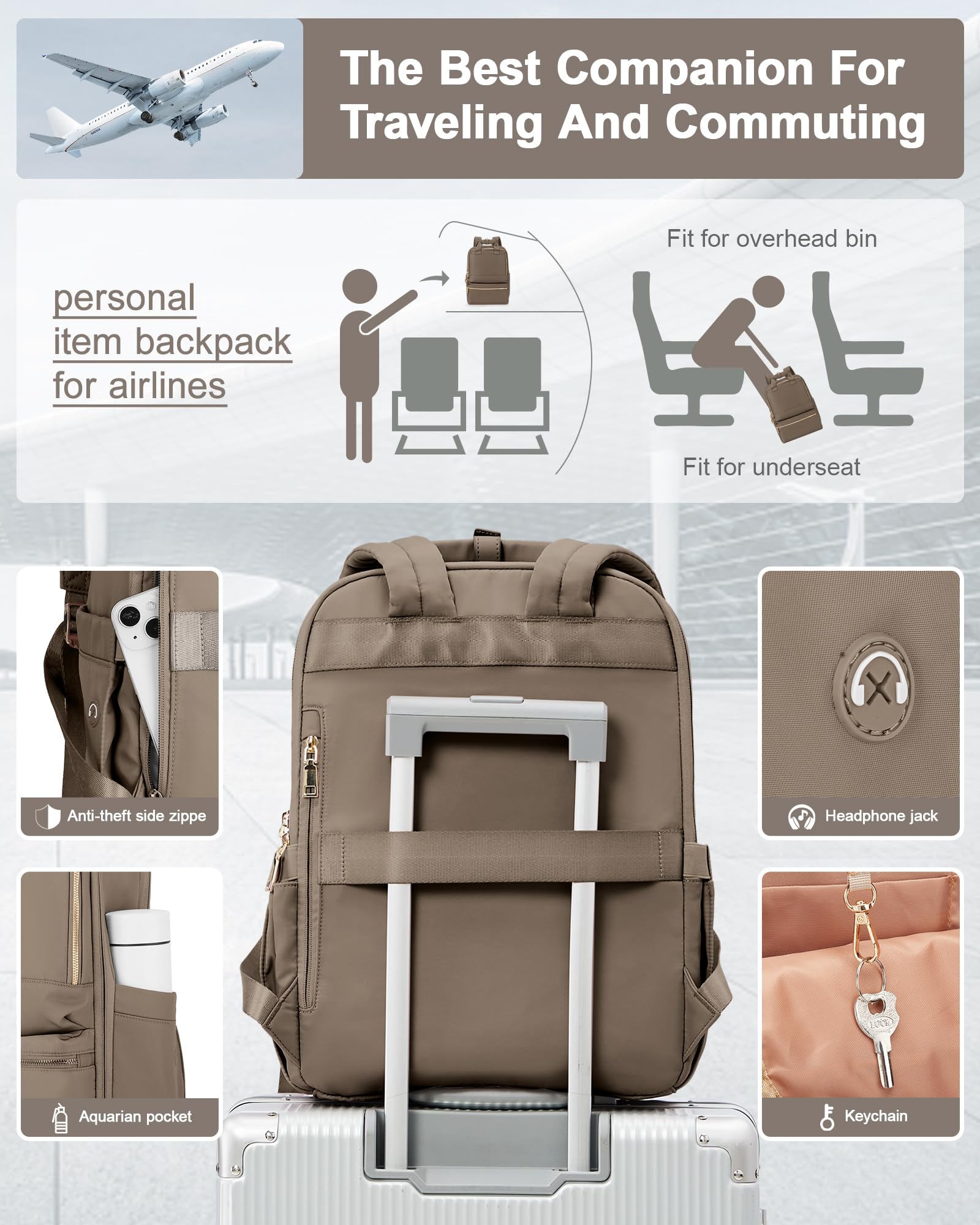Lightweight Travel Backpack for Women - FAA Approved Carry On Personal Item Bag with Laptop Compartment | Perfect for Airplane Travel, Work Commute & Teacher Use (Dark Brown)