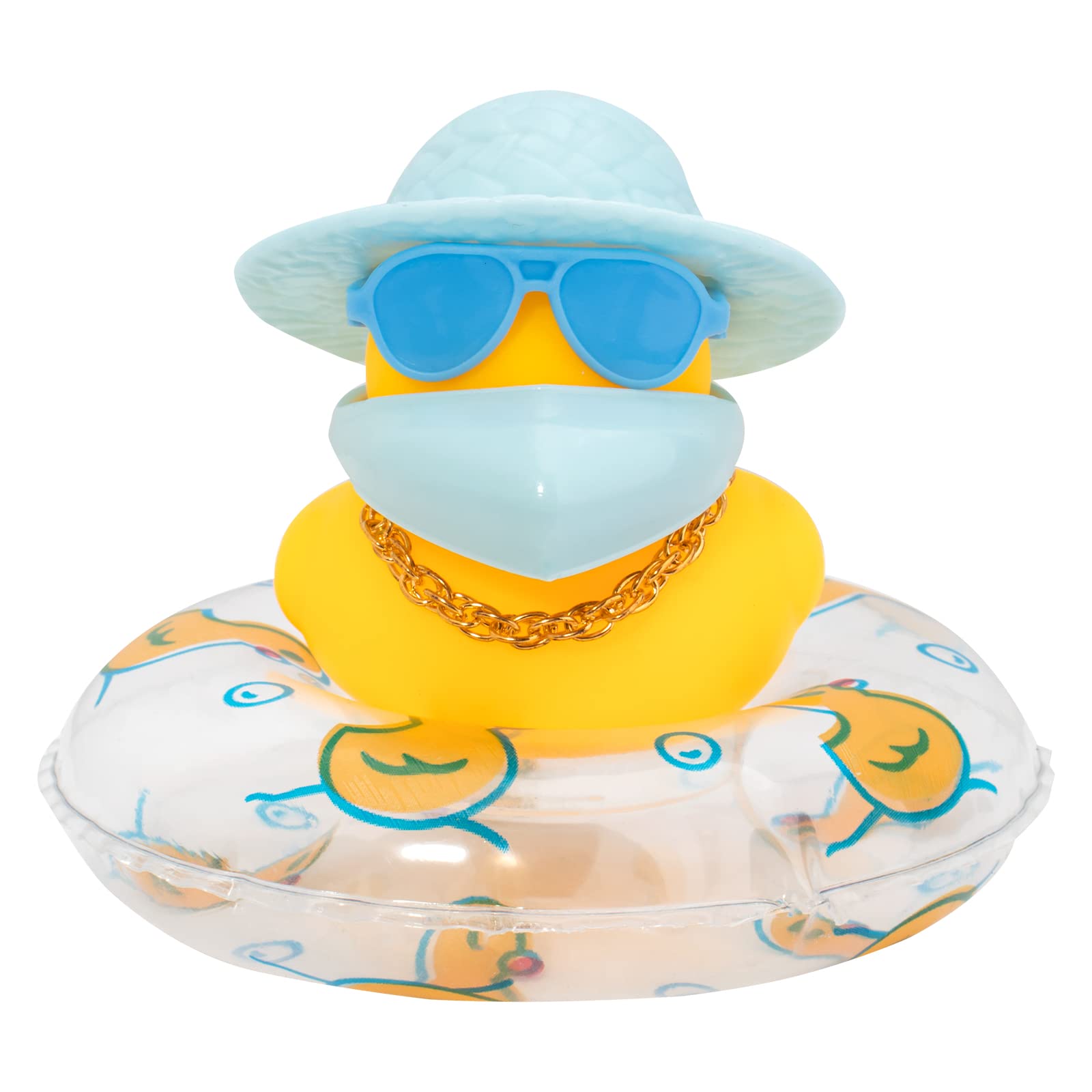 Wonuu Cute Rubber Duck Car Ornament - Blue Hat & Sunglasses - Dashboard Decor with Headband, Swim Ring & Necklace - Perfect for Car Accessories, Gifts & Fun Decoration