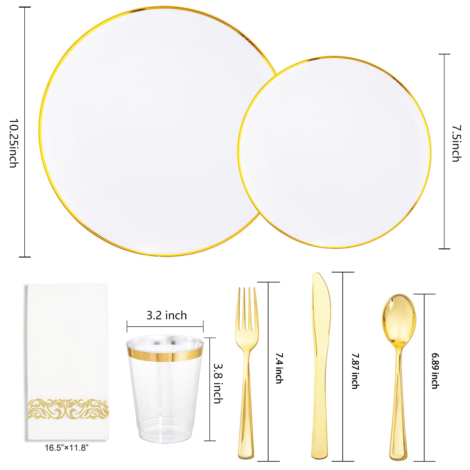 350-Piece Gold & White Plastic Dinnerware Set - 100 Gold-Rimmed Plates, 150 Gold Silverware, 50 Cups & 50 Napkins - Elegant Disposable Tableware for Christmas Parties, Weddings & Special Events