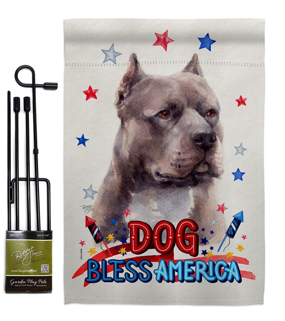 Blue Pitbull Garden Flag Set with Stand - Patriotic Dog Decor for Yard & Home
