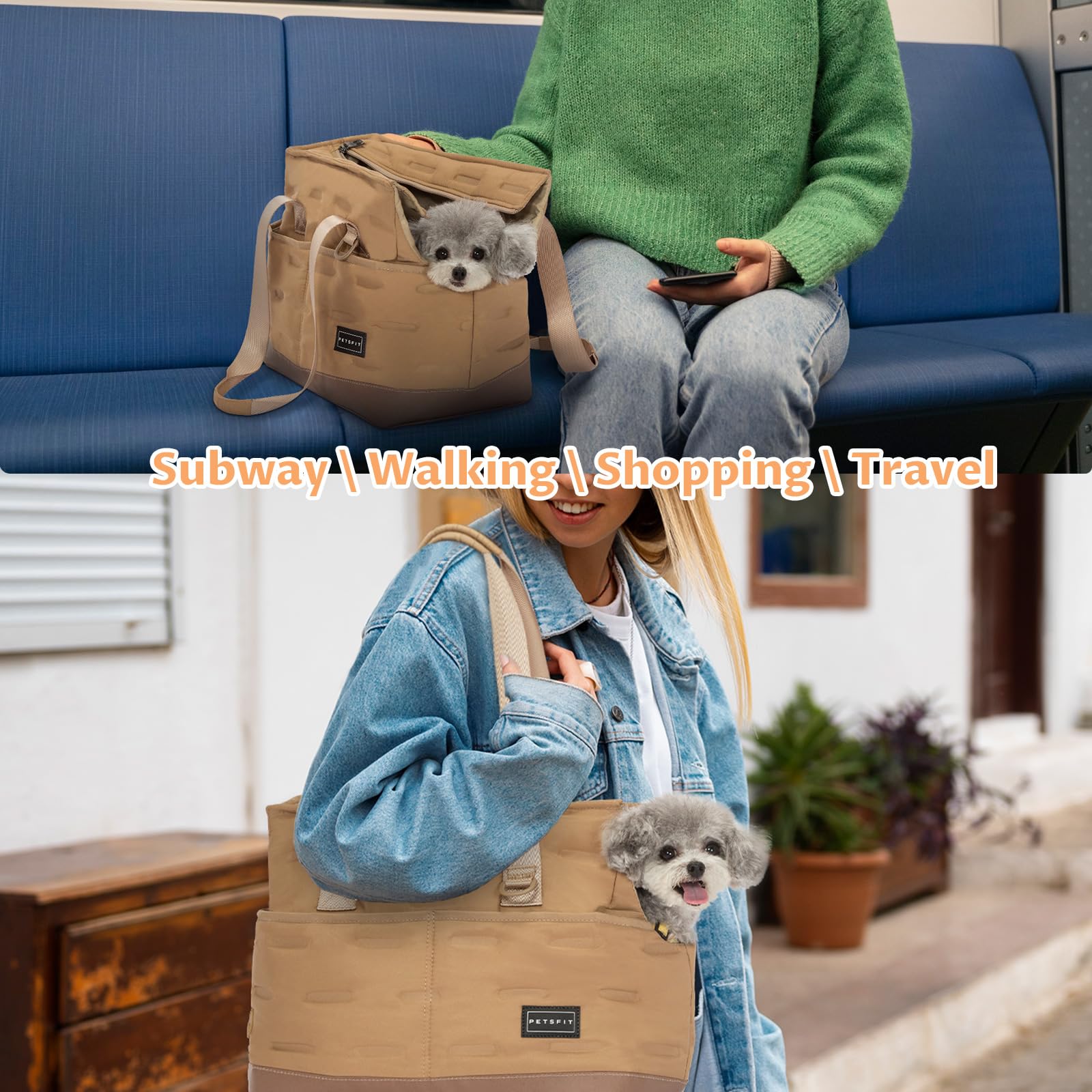 Petsfit Small Dog Carrier Purse - Portable Pet Tote for Cats & Small Dogs with Adjustable Safety Leash, Pockets, Waterproof TPU Bottom & Poop Dispenser - Perfect for Travel, Shopping & Vet Visits (Khaki)