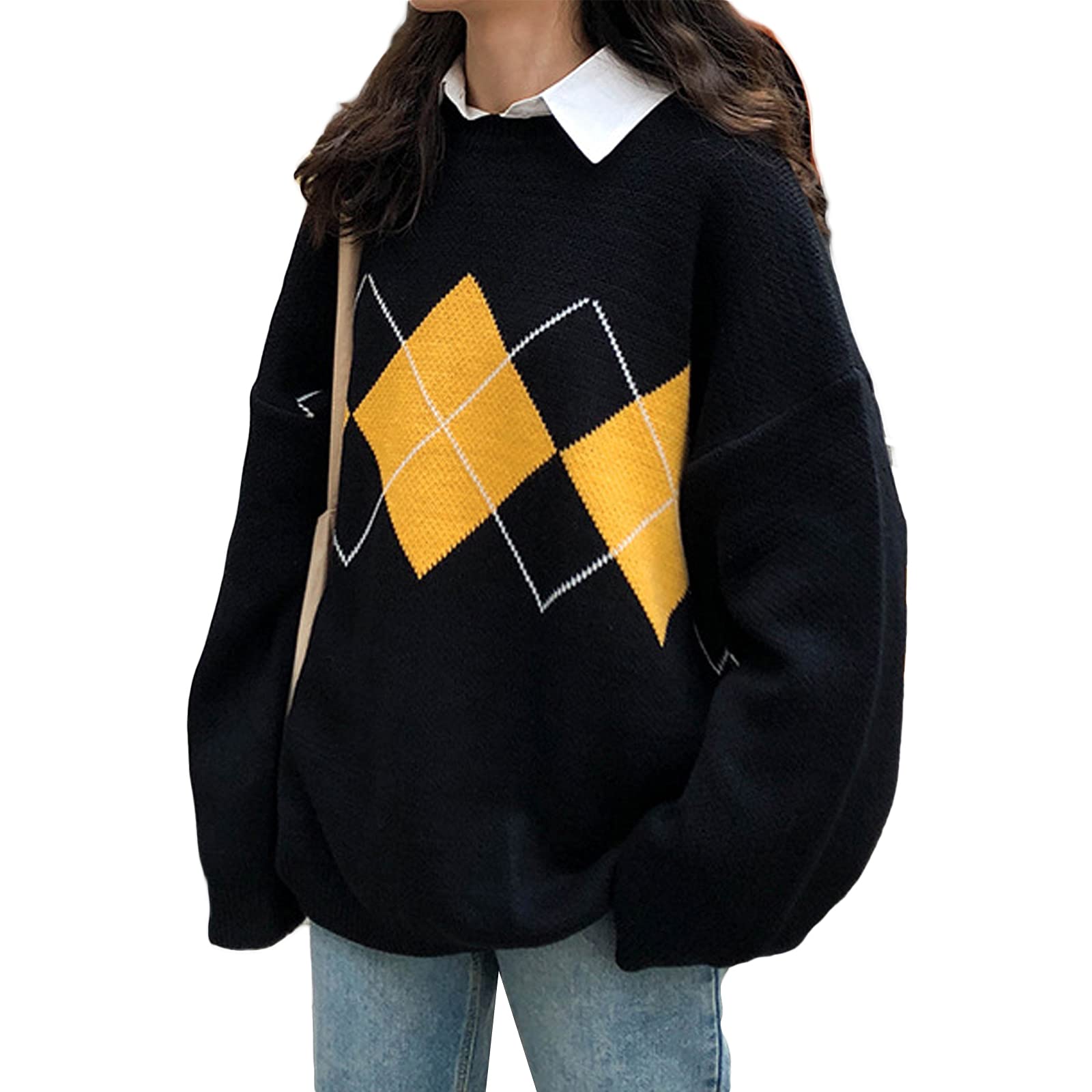 Women's Argyle Oversized Sweater - Casual Crew Neck Geometric Knit Pullover Jumper - Vintage Streetwear for Fall & Winter - Perfect for Office, Dating & Street Style Fashion