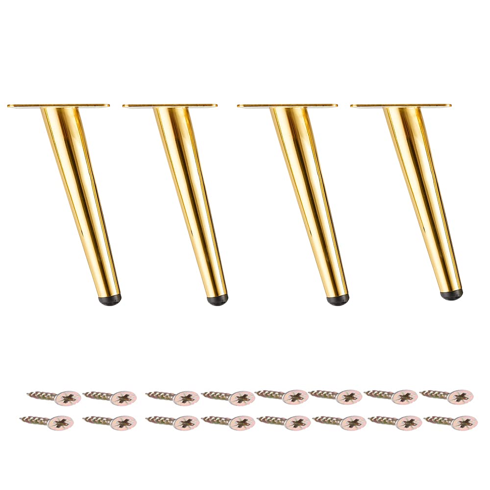 Osring 6 Inch Steel Furniture Table Legs - Round Tapered Sofa Legs in Gold Finish, Slanted Metal Cabinet Feet for Coffee Tables & Furniture (4 Pack) - Perfect for Modern Living Room & Office Decor