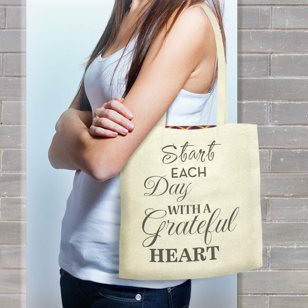 Custom Canvas Tote Bag - Reusable Eco-Friendly Shopping Bag with 'Start Each Day with Grateful Heart' Print - Perfect for Beach, Grocery & Daily Use for Women