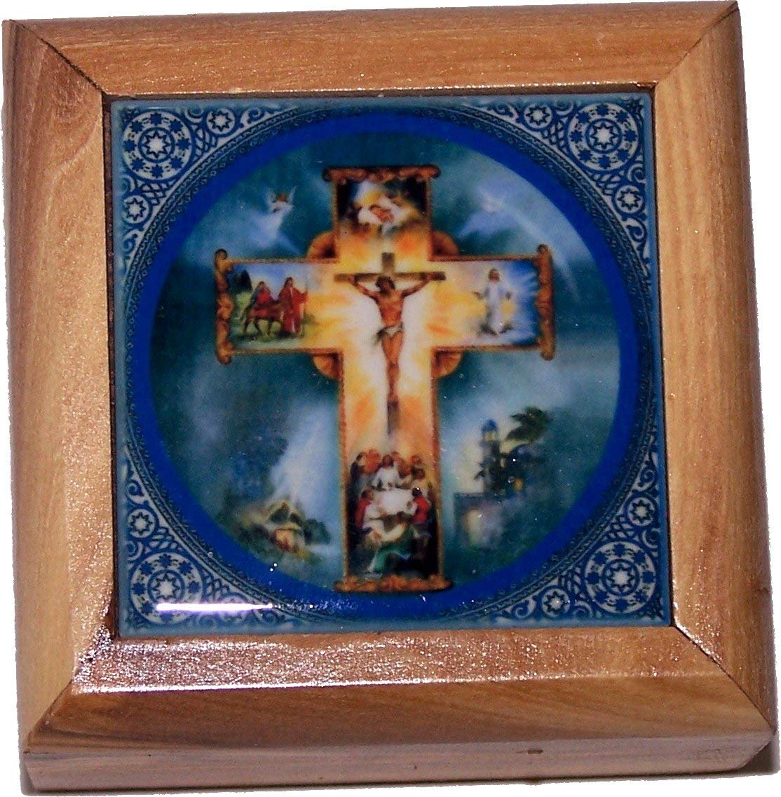 Holy Land Market First Communion Gift Box - Olive Wood Rosary Box with Ceramic Crucifix from Bethlehem - Perfect for First Communion, Baptism, and Religious Gifts