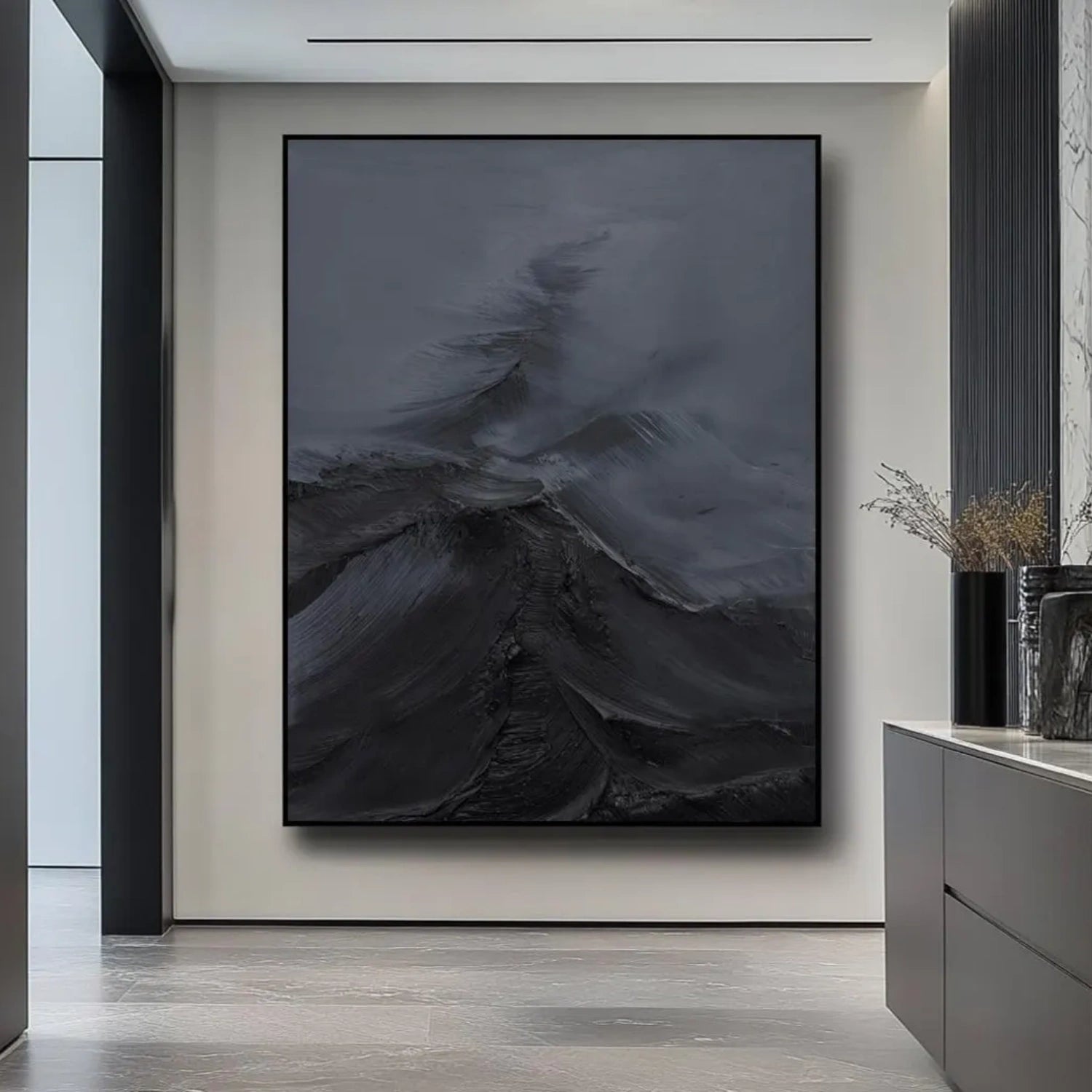 Black Minimalist Textured Abstract Wall Art Painting #MZ143 - Modern Home Decor for Living Room, Bedroom & Office