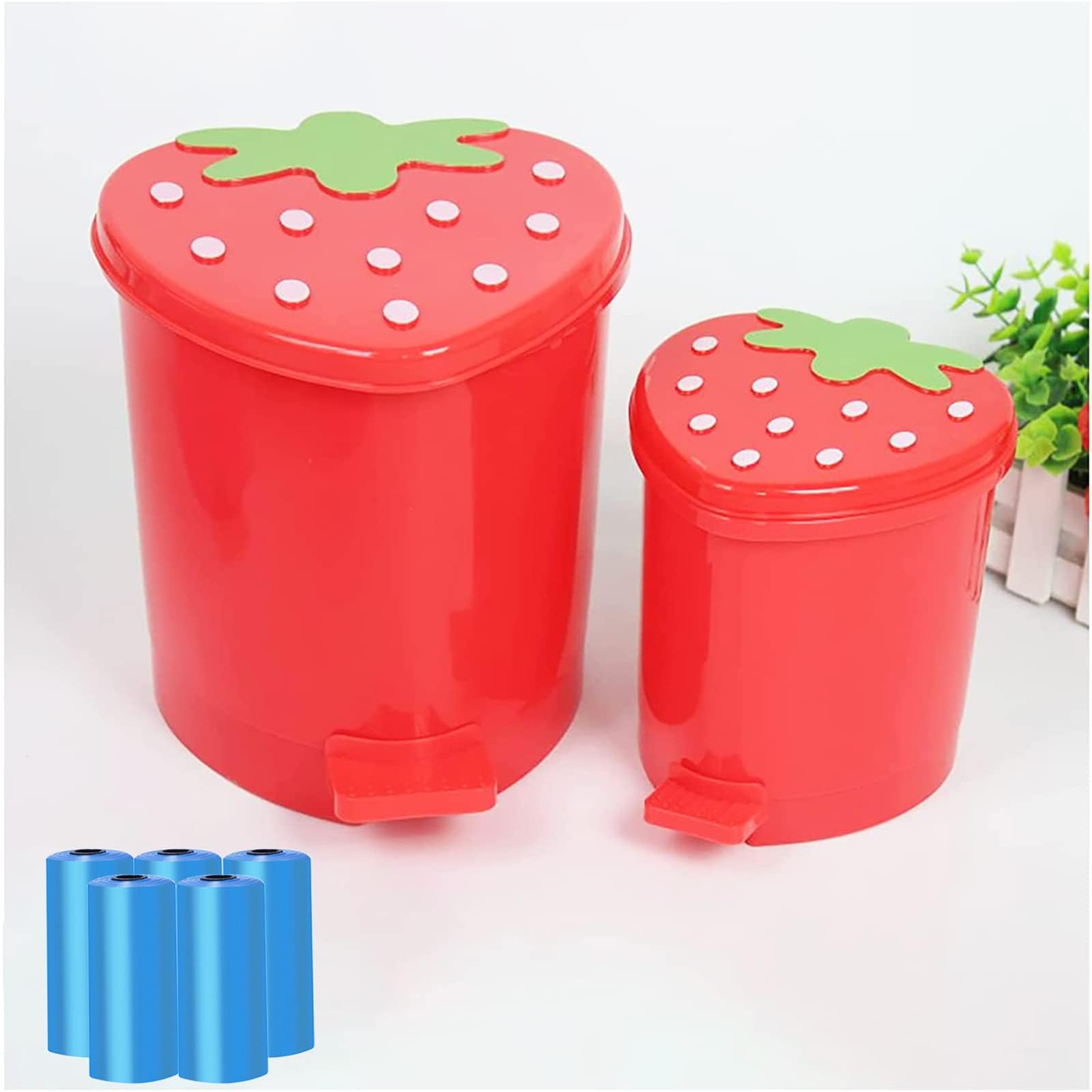 Strawberry Shaped Trash Can - 1 Gallon Cute Small Plastic Waste Bin for Bedroom, Office & Desk - Includes 0.3 Gallon Mini Garbage Can & 5 Rolls Trash Bags - Kawaii Room Decor for Girls, Dorm, Bathroom & Kitchen Organization