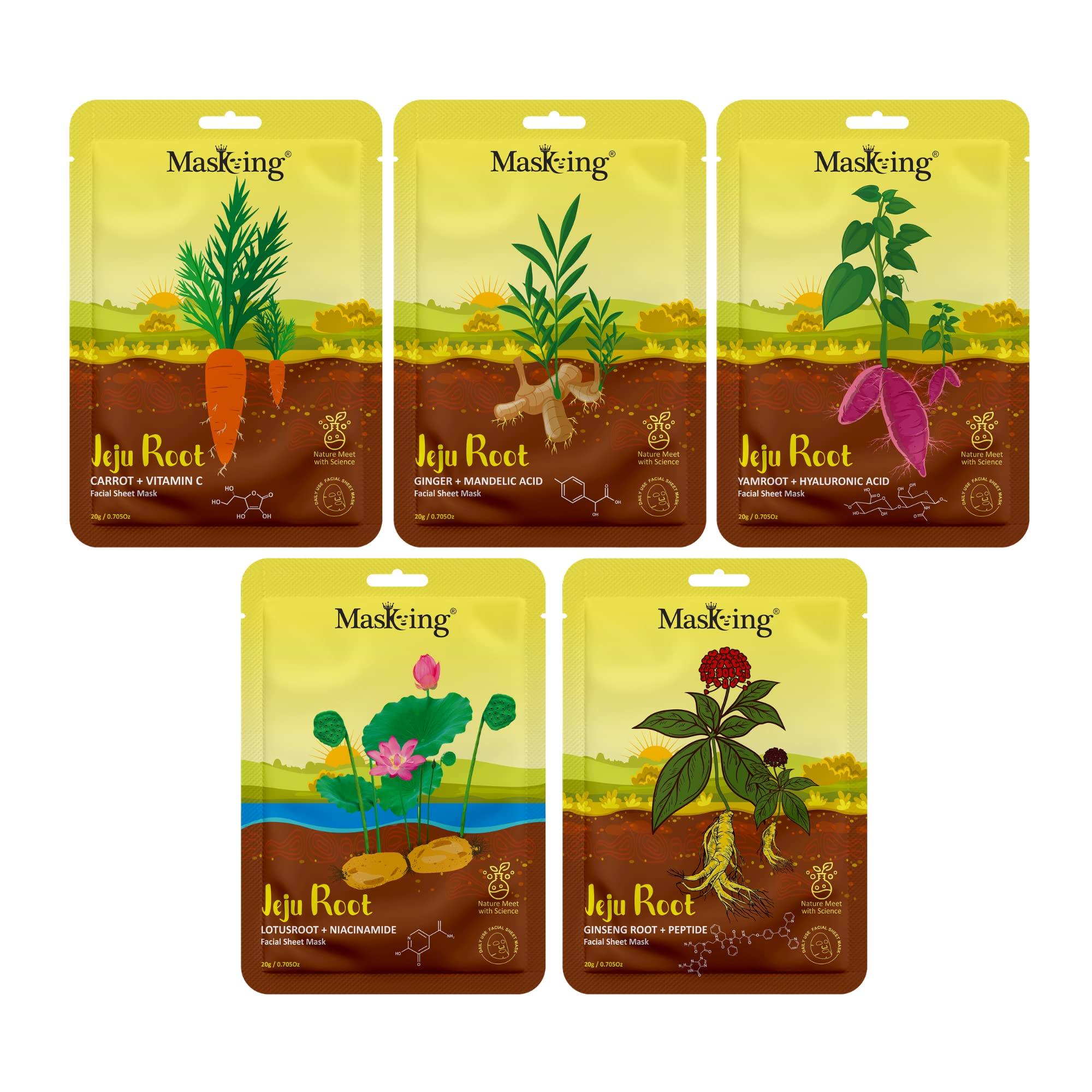 Jeju Root Face Sheet Mask for Skin Moisturizing & Glowing - Hydrating Facial Mask for Men & Women - Pack of 5 - Perfect for Daily Skincare Routine & Spa Night