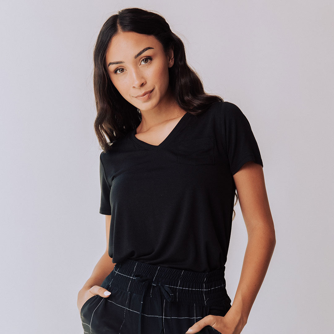 Premium Soft Bamboo V-Neck T-Shirt for Women - Breathable & Eco-Friendly Black Tee - Perfect for Casual Wear, Yoga & Lounge