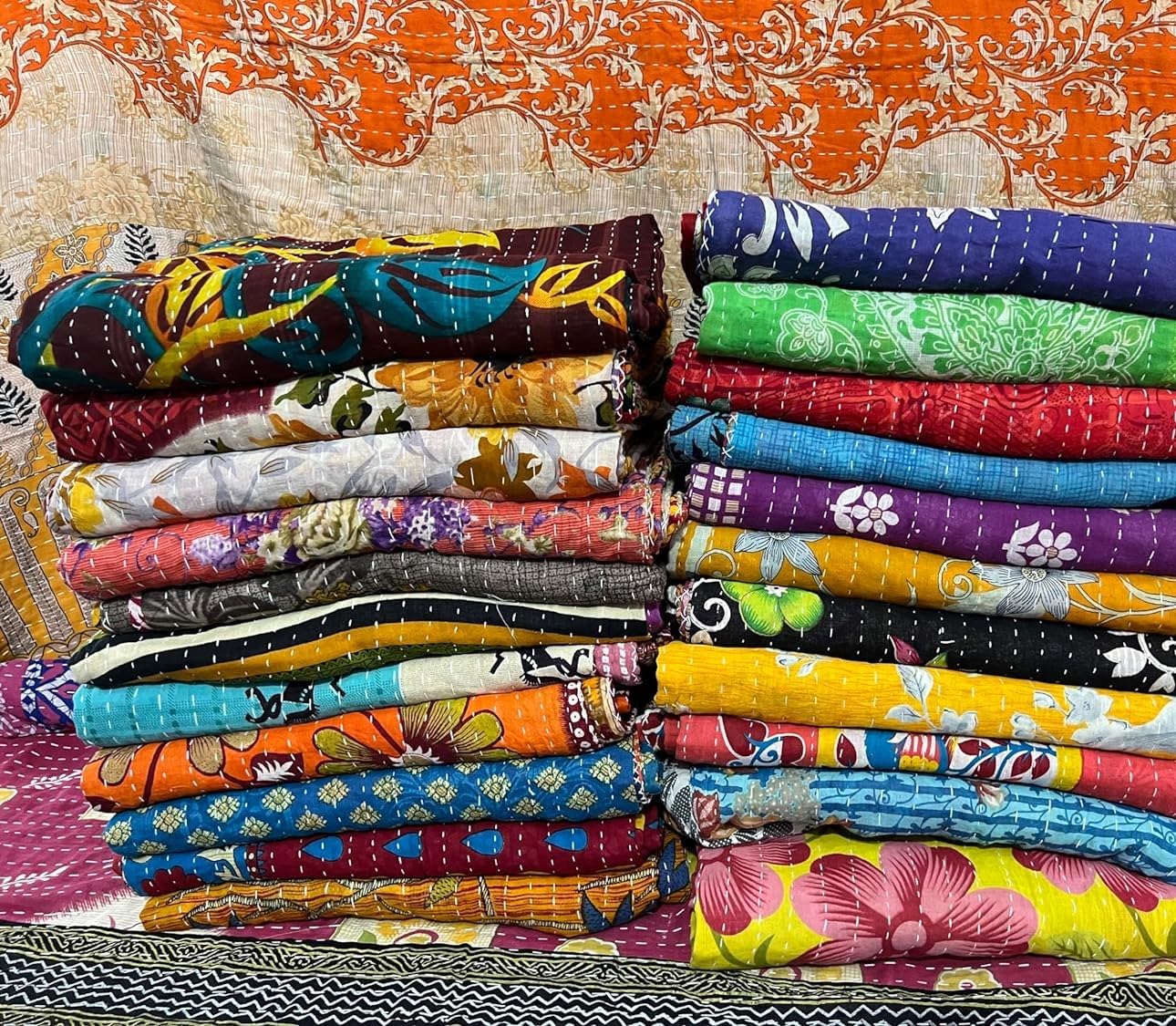 10-Pack Vintage Indian Quilt Bedspreads - Reversible Kantha Cotton Blankets, Throws & Bedcovers (Multicolor, Twin Size) | Boho Home Decor, Guest Room Bedding & Cozy Living Room Accent